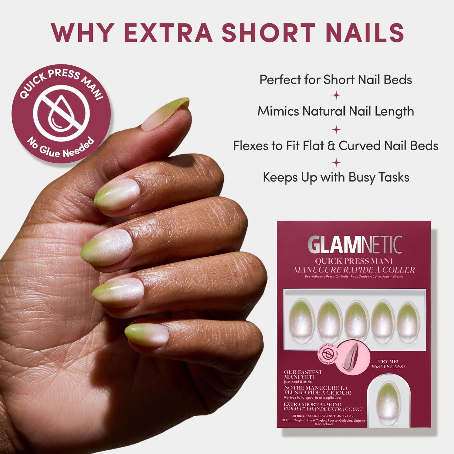 Glamnetic Quick Press Mani - No Glue Press On Nails, Just Peel and Stick, Almond Extra Short Nails, Mess Free, Salon Quality Stick On Nails, Lime Beam | in 15 Sizes - 30 Nail Kit | Gift For Mom
