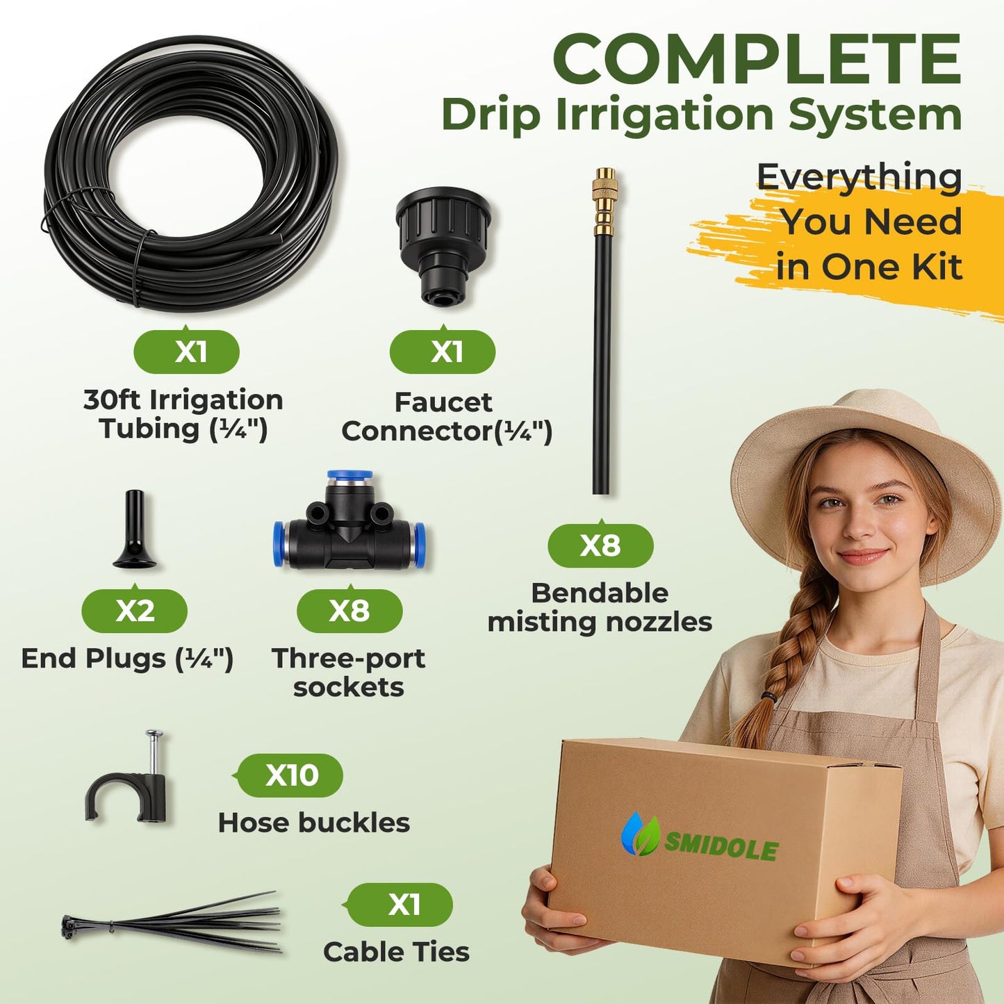 Drip Irrigation Kit for Garden 30FT, 360° Adjustable Watering System with 1/4" Tubing, Brass Misting Nozzles, DIY Micro Irrigation System for Potted Plants, Patio, Greenhouse