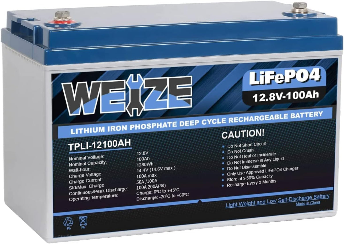 Weize 12V 100Ah TM LiFePO4 Lithium Battery, Built-in Smart BMS, Group 31 Deep Cycle Battery Perfect for Trolling Motor, RV, Solar, Marine, Overland/Van, and Off Grid Applications