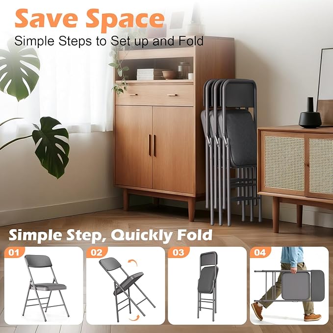 Commercial Grade Folding Chair with Padded Fabric Cushion（16"X16" |Double-hinged Legs Luxury Style|4.5kg Capacity Max Weight 150Kg for Home and Office,Indoor and Outdoor Events (2, PU-Gray)