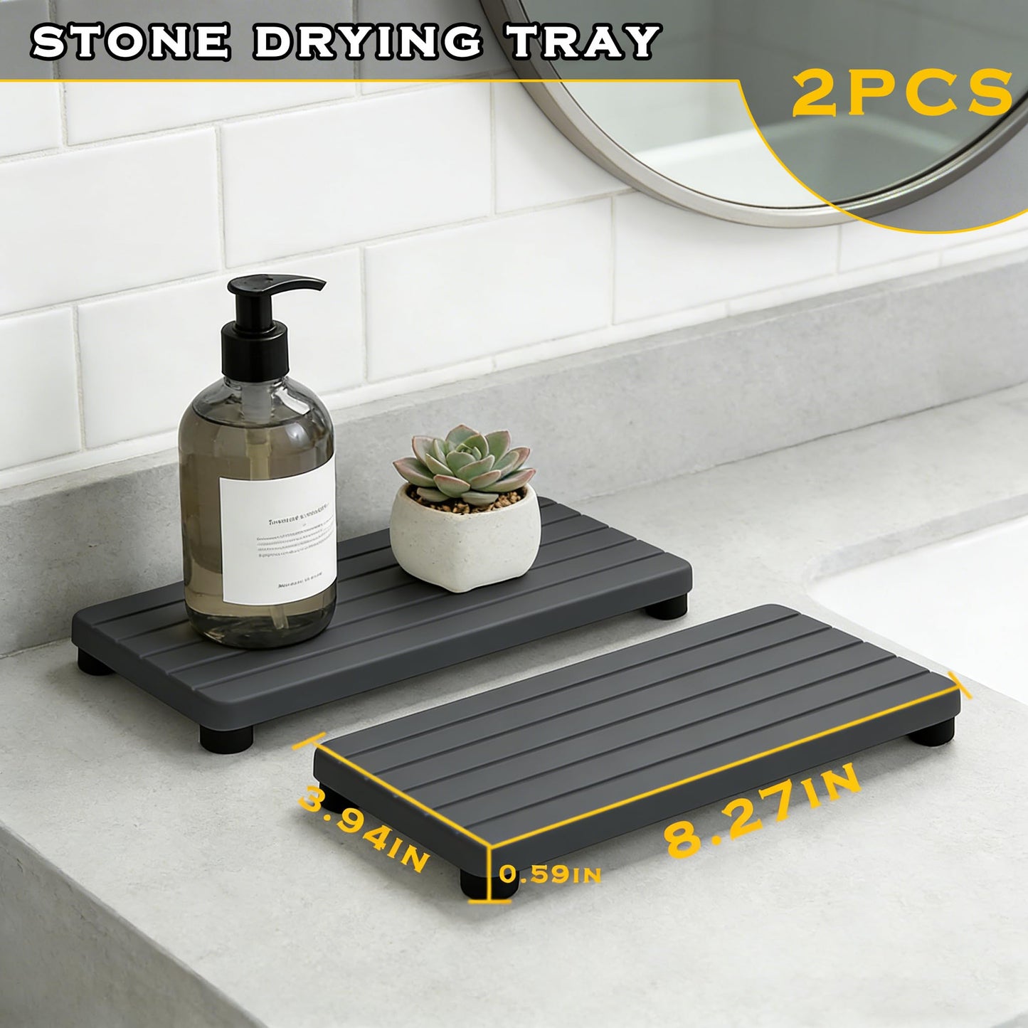 2PCS Stone Drying Tray, Water Absorbing Stone Tray for Sinks, Neat Diatomite Sink Trays, Fast Drying Kitchen Sponge Hand Soap Holder, Instant Dry Sink Coasters Used for Bathroom Counter -Dark Gray