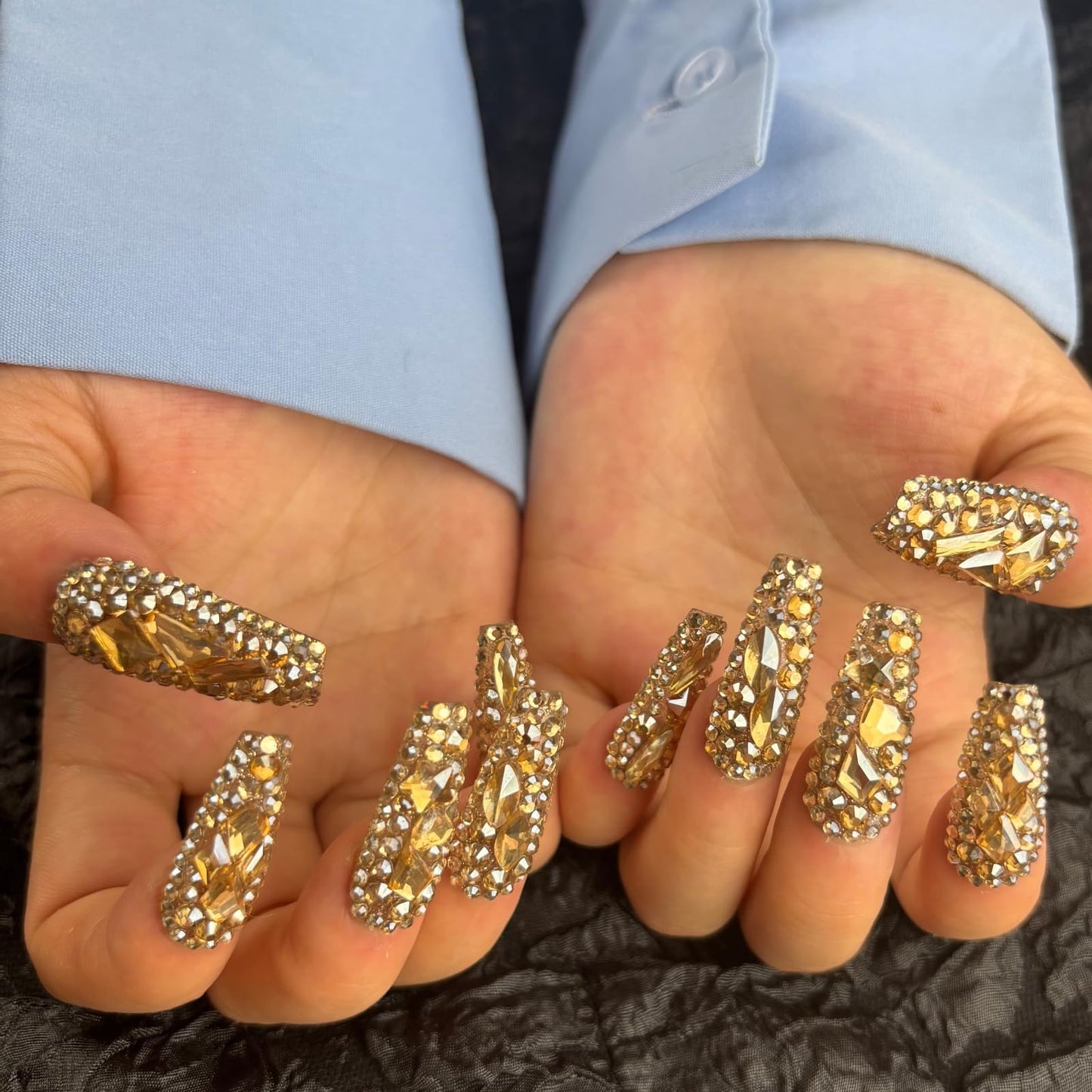 AKA Unicorn Trendy Handmade Press On Nails Long Square Shape,10Pcs Shimmery Large Acrylic Fake Nails with 3D Champagne Rhinestone Luxury Design Stick On Nail for Woman Gift