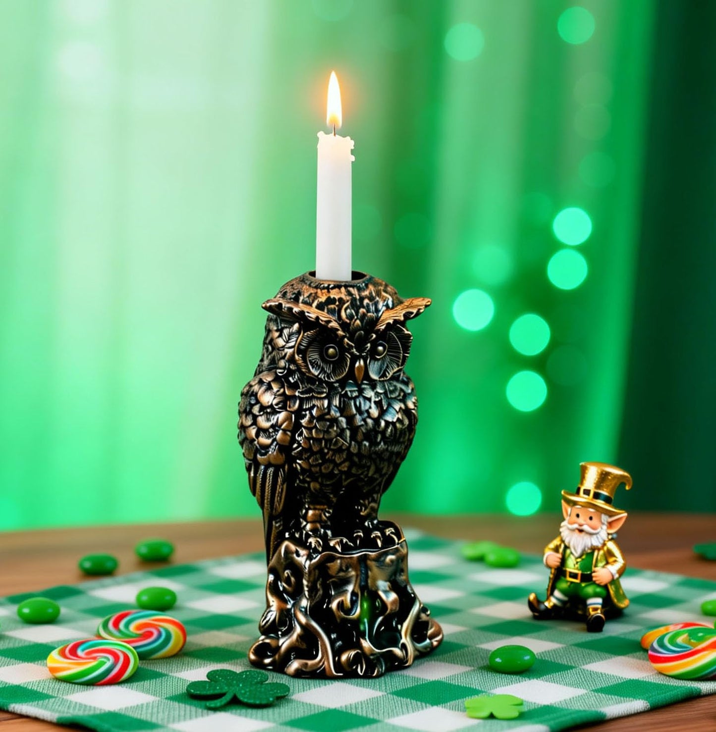 Gothic Owl Candle Holder Statue– Day Decor Witchy Occult Altar Decoration, Bird of Minerva Green Shamrock Candlestick Tabletop Candelabra Statue for Home Room (Owl)