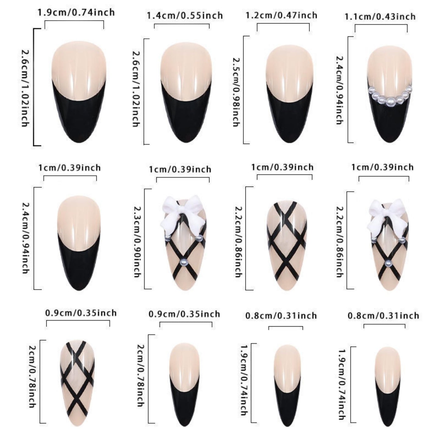 octoswave Press on Nails Long Almond Fake Nails Black French Artificial Nail Bow and Sparkly Pearl Charm Stick on Nail for Women 24pcs