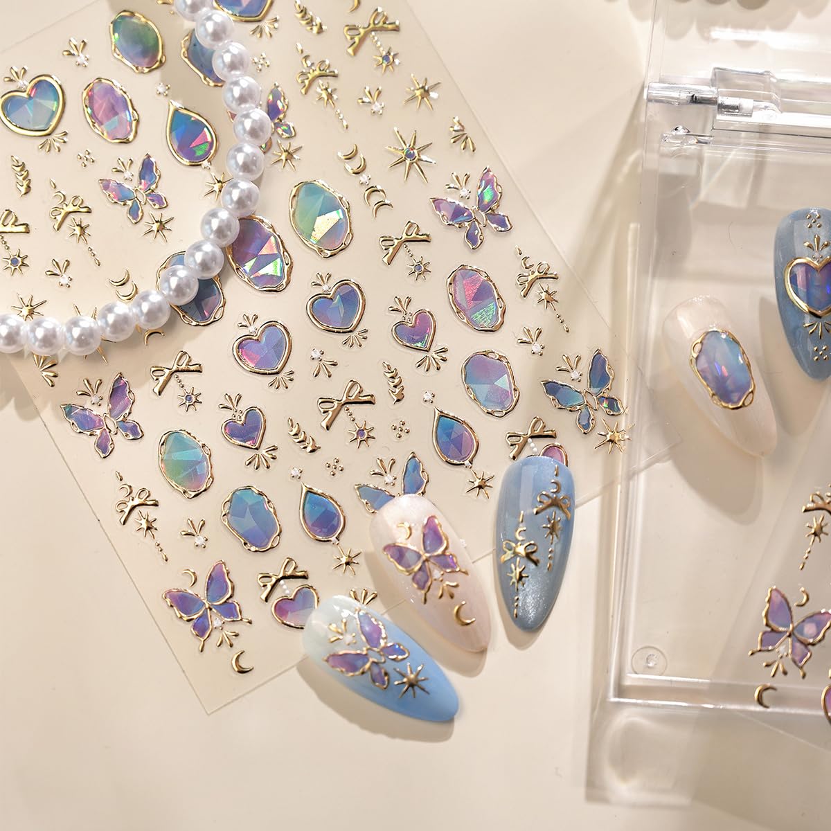 5D Embossed Gold Butterfly Heart Nail Stickers, Holographic Gem Nail Decals, Shiny Celestial Nail Art Supplies for Women Nails Decorations