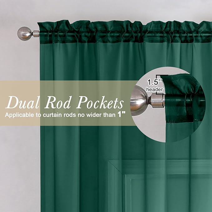 Lecloud Hunter Green Sheer Curtains 96 Inches Long 2 Panels, Airy Voile Solid Curtains, Gauzy Stylish Aesthetic Windows Decor Drapes with Rod Pocket for Bedroom Living Room, Each 42" W x 96" L