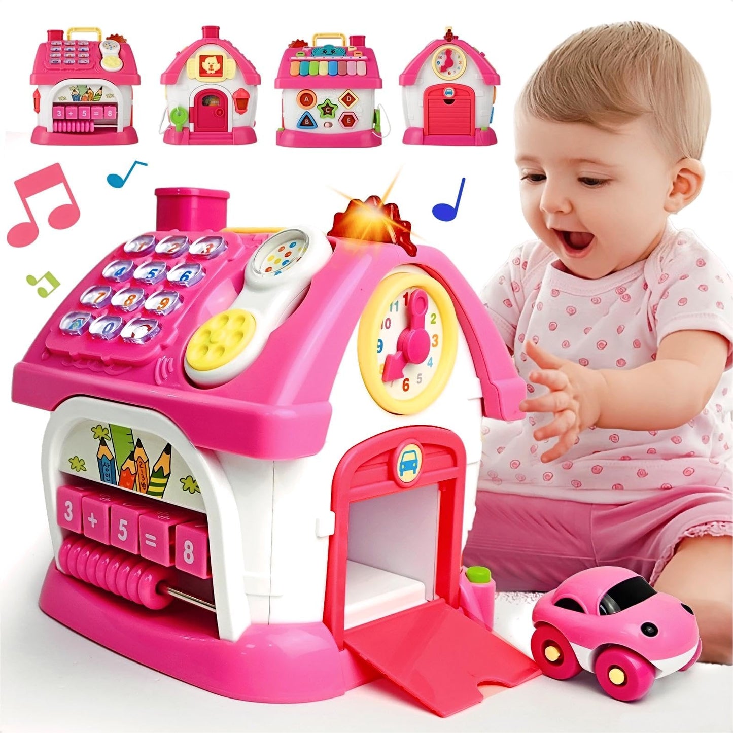 OKREVIEW Montessori 8-in-1 Bilingual Musical Activity House | EN/ES Learning Toy with Volume Control & Travel Handle | Develops Fine Motor Skills for 1-3 Year Old Toddlers & First Birthday Gift