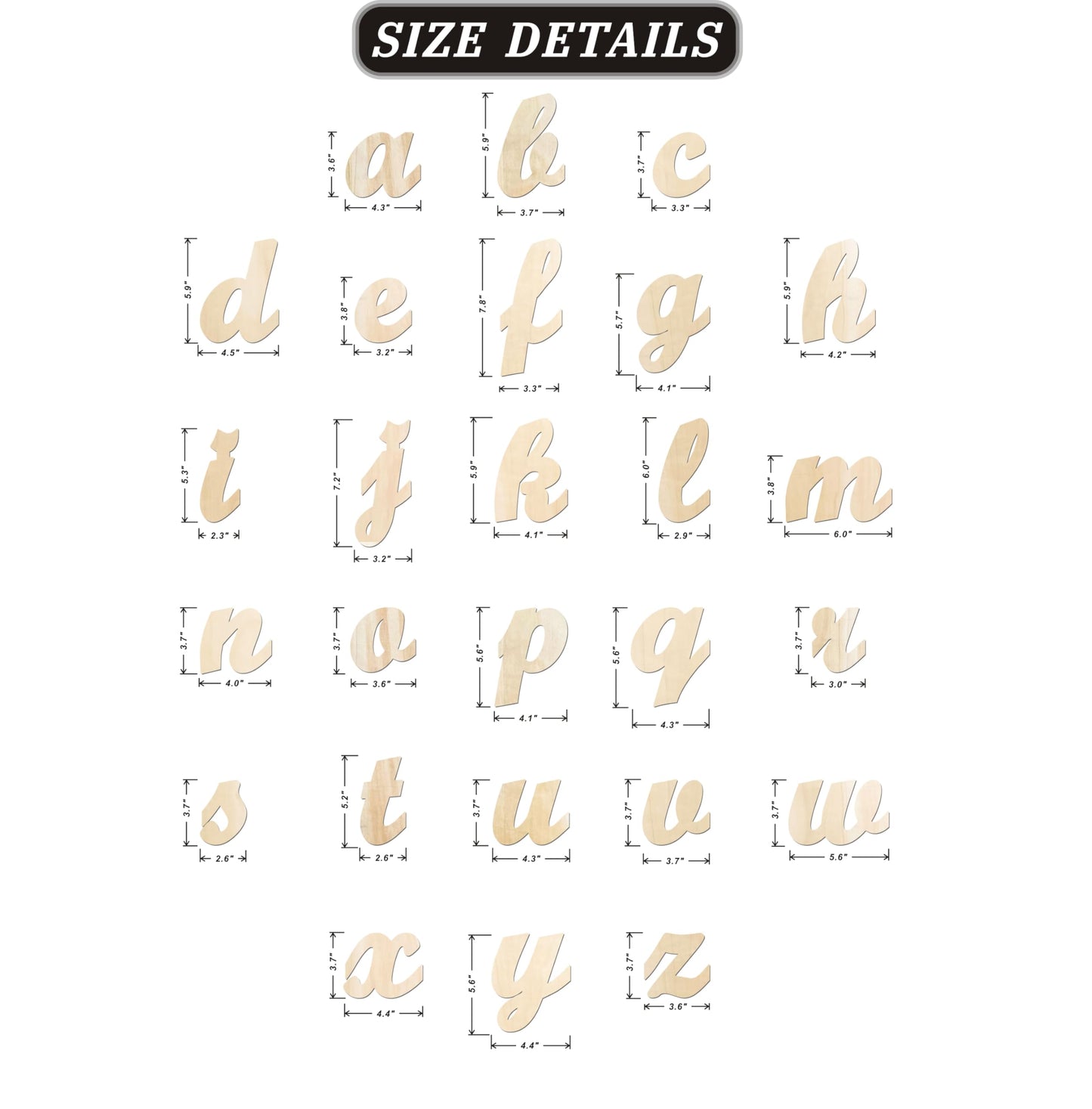 3.7 to 6 Inch 102 Pieces Wood Letters Cursive Lowercase Unfinished Thin Wooden Alpabets a-z for Crafts