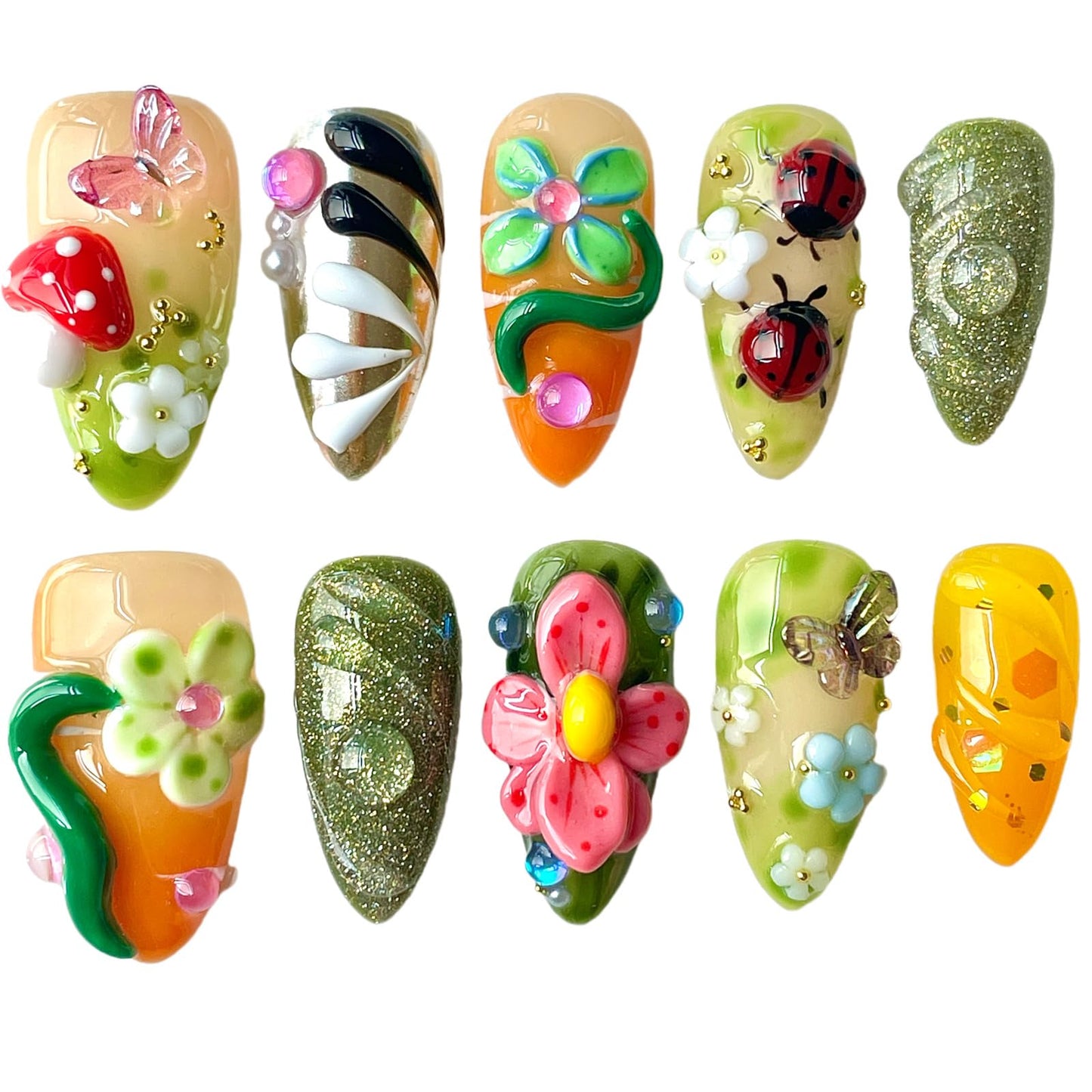 Handmade Press on Nails, 3D Floral Art Fake Nails with Red Mushroom, Ladybug, Butterfly & Glitter, Medium Almond Shape Acrylic False Nails Magic Garden (M)