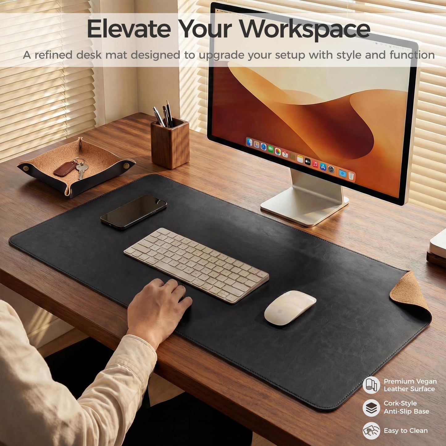 Premium Faux Leather Desk Mat & Tray Set，Innovative Cork-Look Printed Base，Gift Tube Packaging，Full-Desk Coverage，Non-Slip Desk Pad for Office Home（Classic Black）