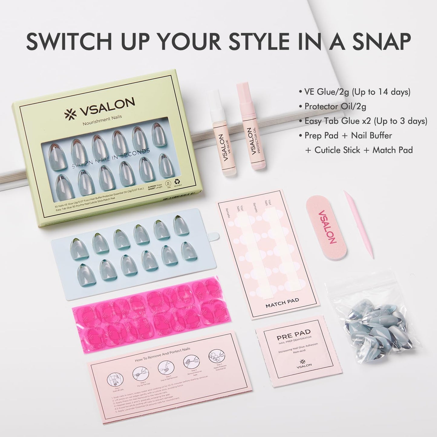 VSALON Almond Short Press on Nails, Silver Chrome Finish Sky Blue Glossy French Tip Reusable False Nails, 32 pcs Opaque Fake Nails Kit in 16 Sizes with Glue & Cuticle Oil
