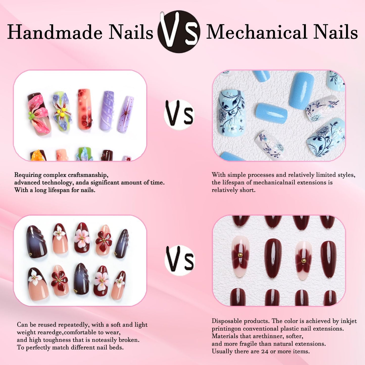 French Press on Nails Handmade Almond Nails Nude Medium Fake Nails with 5D Flower Art & Pear Design Handmade Nail Acrylic Nature False Nails for Wome (Size M)