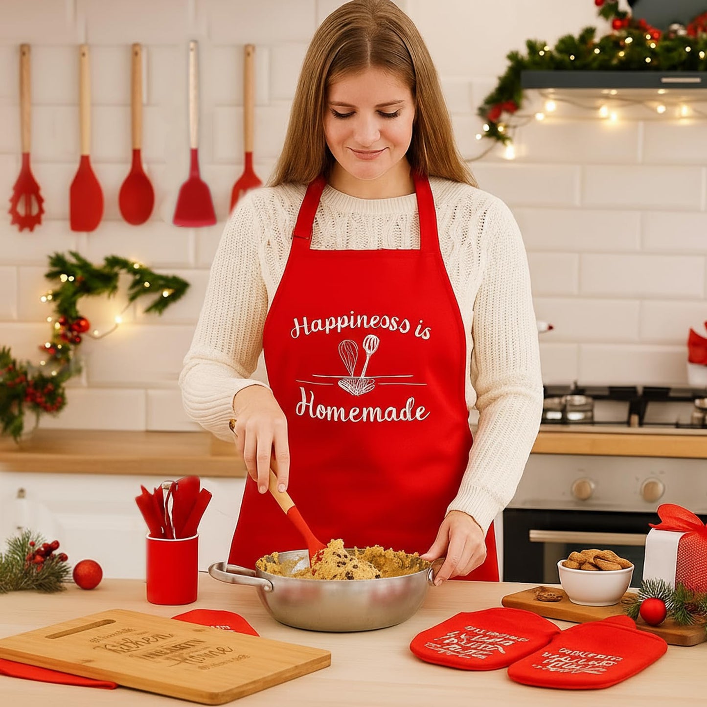 Widecook Christmas Kitchen Gifts Cooking Utensils Set with Holder Apron Pot Holders Oven Mitts Wooden Cutting Board Baking Gift Set Christmas Kitchen Cooking Tools for Baking Supplies Decoration