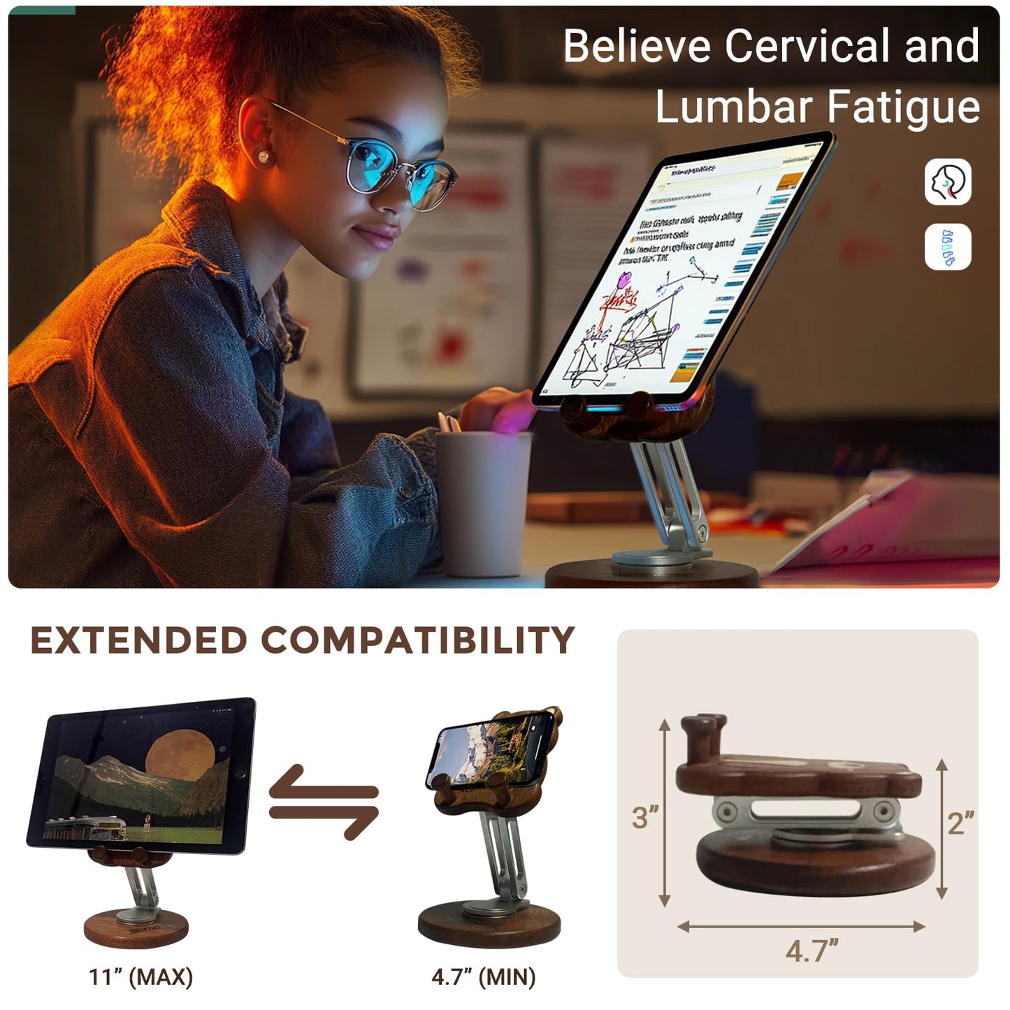 Agicogeo Hand-Inlaid Solid Wood Phone Stand for iPhone 16/Tablets - 360° Rotating Desk Organizer Holder with Artisan Carvings & Adjustable, Heavy Base Home Office Decor, Gift-Ready (Bear Cub)
