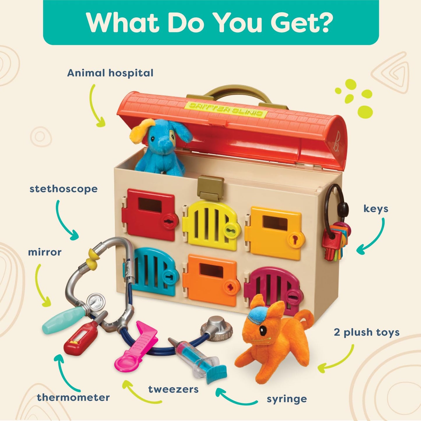 B. toys – Critter Clinic Vet Set – Pretend Play Animal Hospital Toy for Toddlers & Kids – 14 Pieces Pet Care Set with Tools & Plush Toys – 2+ Years
