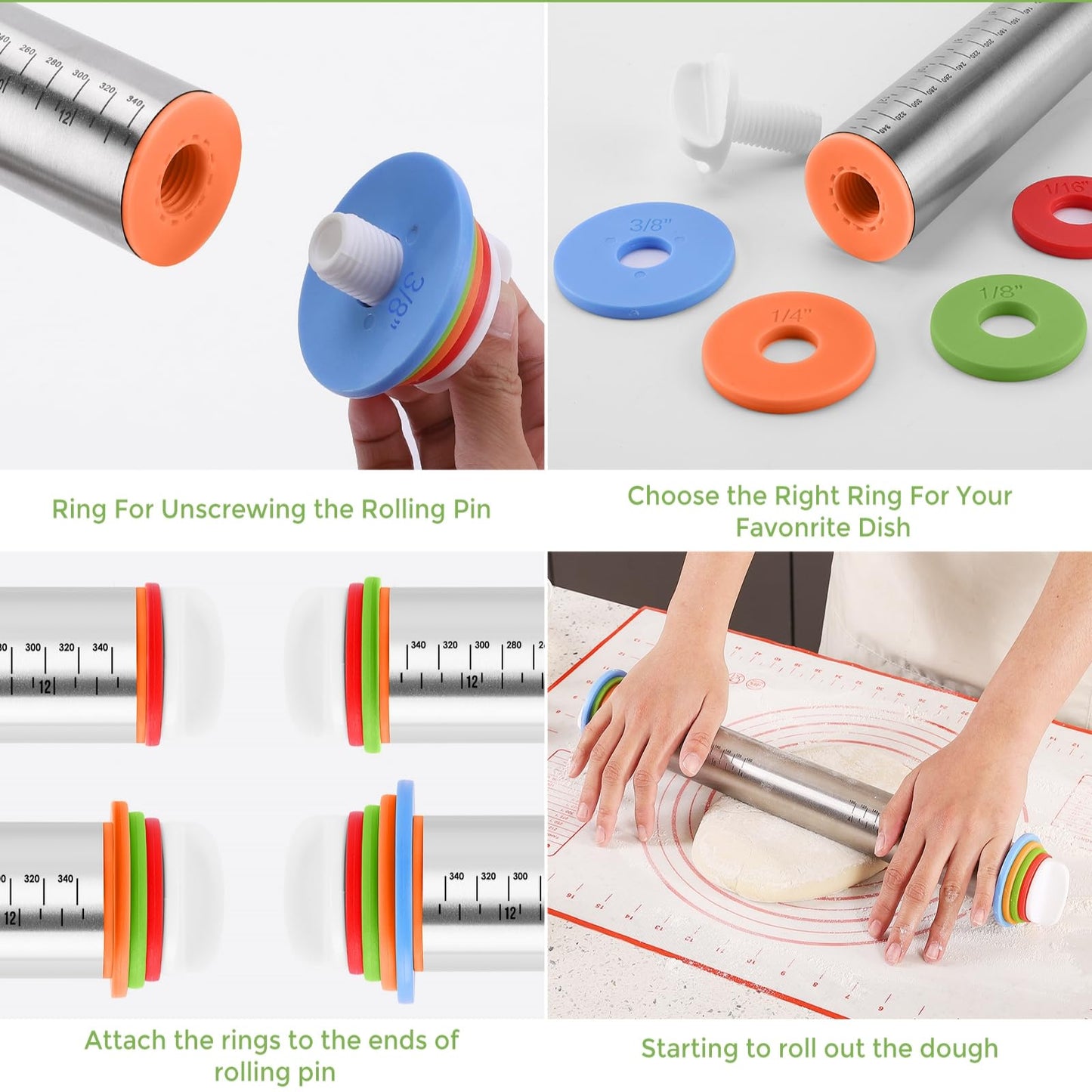 Rolling Pin nonstick and Silicone Baking Pastry Mat combo kit, Adjustable Rolling Pin With Thickness Ringsfor Baking Fondant, Pizza, Pie, Pastry, Pasta, Dough, Cookies (black)