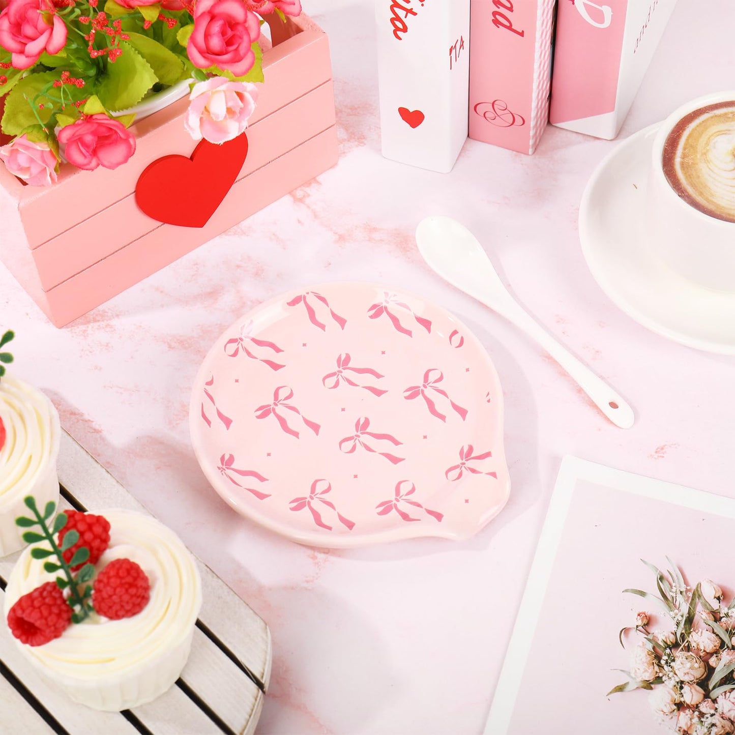 JarThenaAMCS 4.7inch Valentine's Day Pink Bow Spoon Rest Bowknot Small Coffee Ceramic Spoon Holder for Gift Coffee Stirrers Station Teaspoon Bar Stove Top Kitchen Counter Accessories