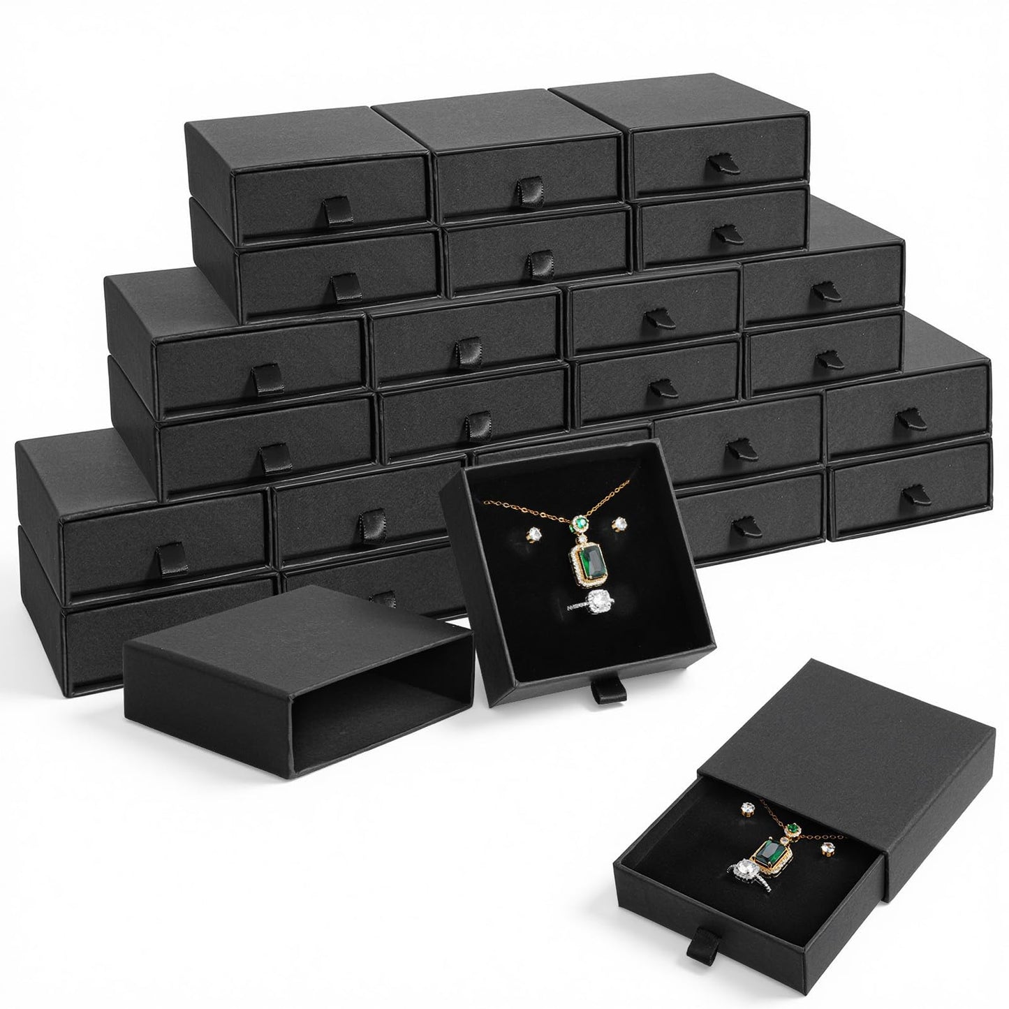 Tolare 24 Pack Small Cardboard Jewelry Gift Boxes Bulk, 3.54 x 3.54 x 1.18 Inch Drawer Style Boxes for Jewelry Packaging, Black Display Case for Necklaces, Rings, Earrings
