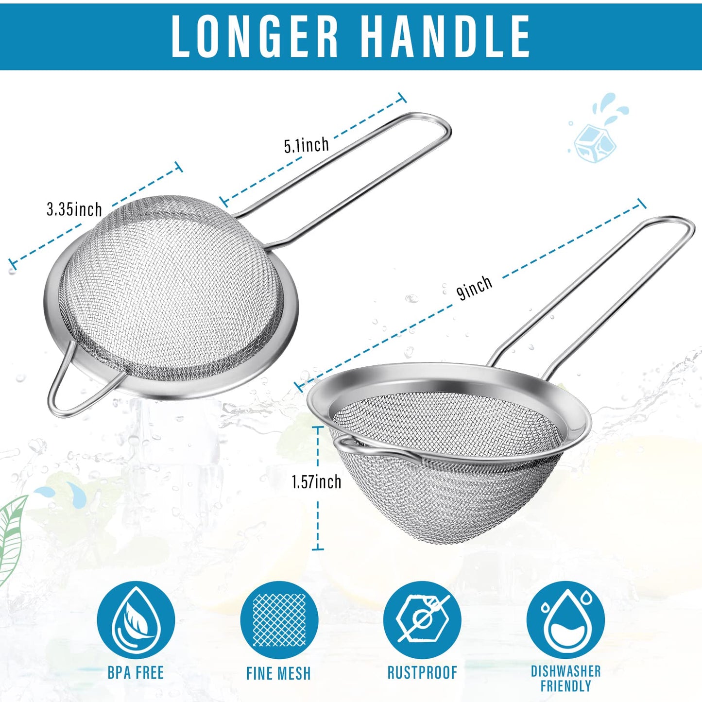 Epakh 9 Packs Stainless Steel Small Strainer, Fine Mesh Steel Cone Shaped Cocktail Strainer for Juice, Tea Herbs, Coffee Drinks, Long Handle Coffee Food, 3.2 Inches Silver