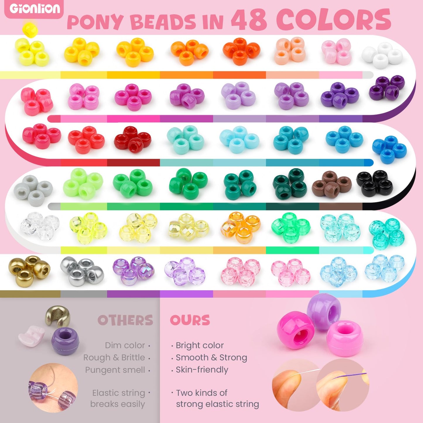 Gionlion 4200Pcs Pony Beads for Bracelet Making Kit, 48 Colors Kandi Beads Bracelet Kit, 2500PCS Rainbow Candy, 1700PCS Friendship Letter Bead with 20 Meter Elastic Strings