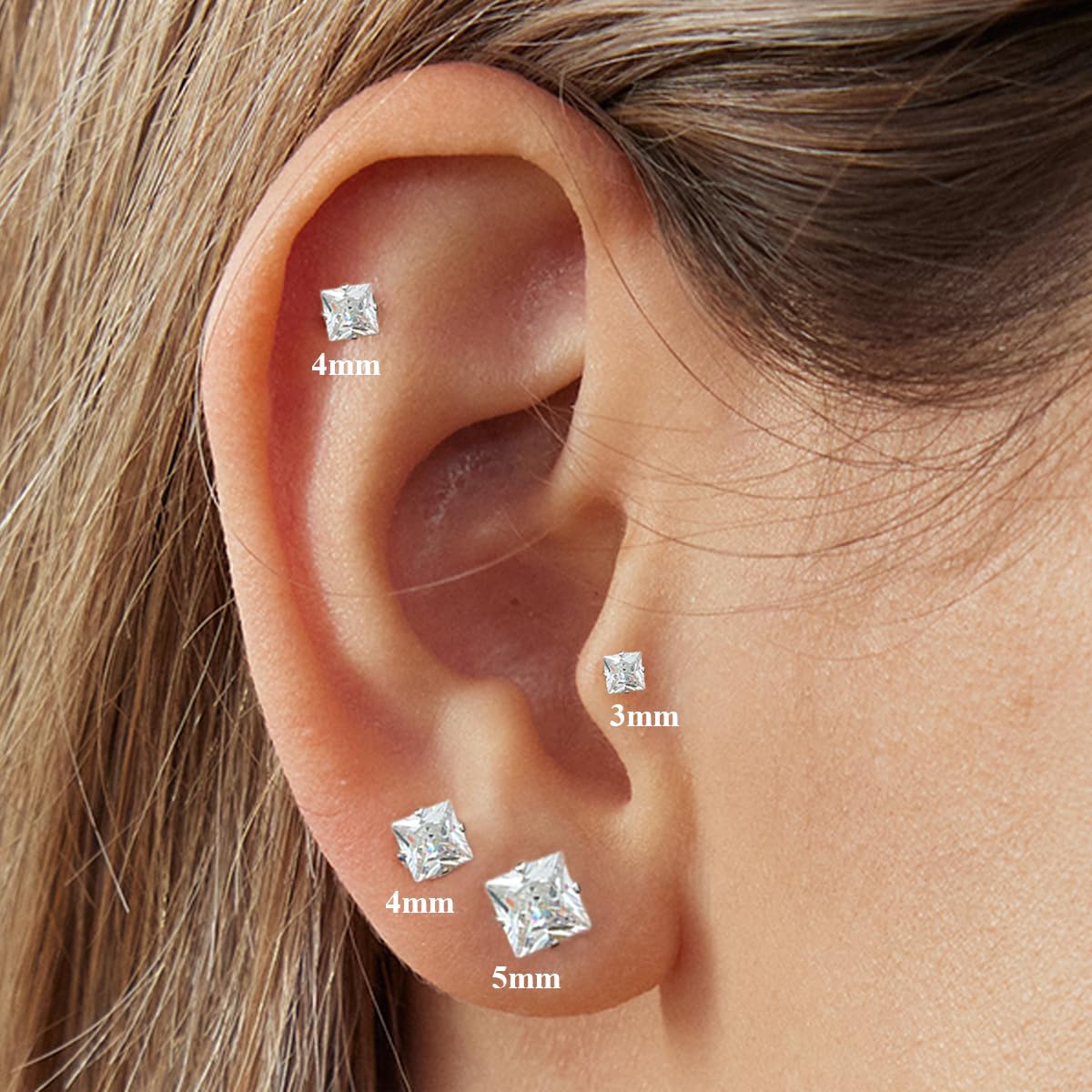 Princess Cut Square CZ Stud Earrings Flat Back, Screw Back Small Silver Clear Cubic Zirconia Studs Earrings Set for Women Men, Pack of 3 Pairs (3mm 4mm 5mm)
