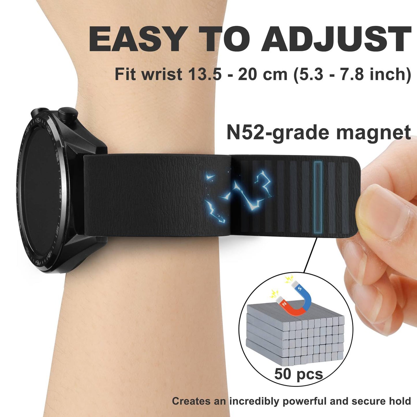 WOCCI 20mm Magnetic Watch Band, Wood Grain Silicone, Quick Release (Black)