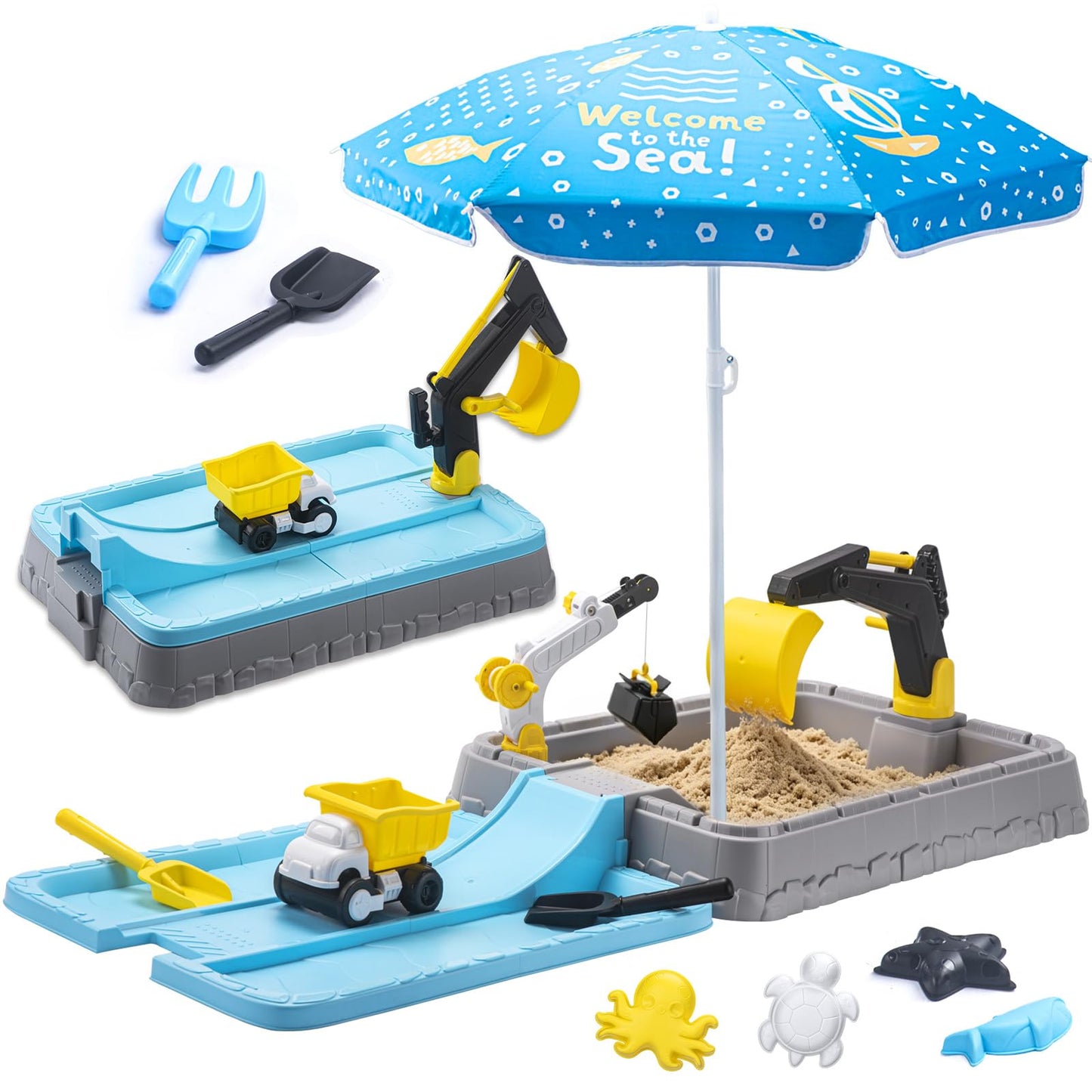 VROGTIK Kids Excavator Sandbox with Umbrella & Cover, Construction Sandbox Set with Beach Toys & Dump Truck, Outdoor Educational Play Set for Toddlers Ages 3-12