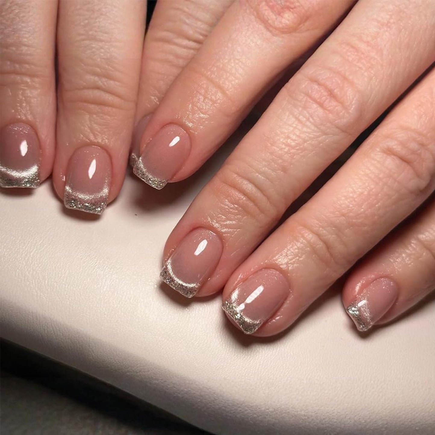 French Tip Press On Nails, Short Square GCSQW Fake Nails with Glitter Magnetic Gel, Nude Pink Glossy False Nails Reusable Acrylic Stick On Nails for Women, 24 Manicure Kit with Adhesive Tabs