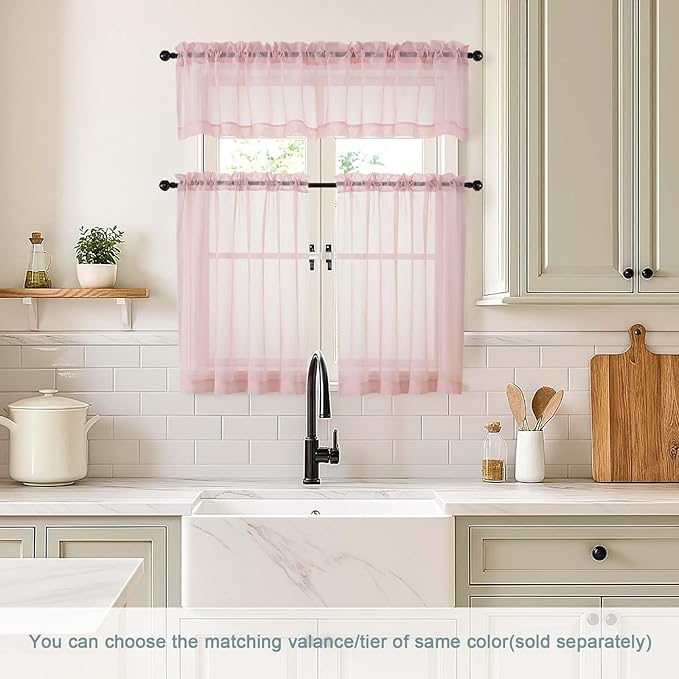 Blush Pink Sheer Curtains Tier 30 Inches Length 2 Panels, Light Filtering Lightweight Soft Window Treatments Drapes, Cute Elegant Cafe Curtains for Nursery, Dual Rod Pocket, 2x42Wx30L Inches