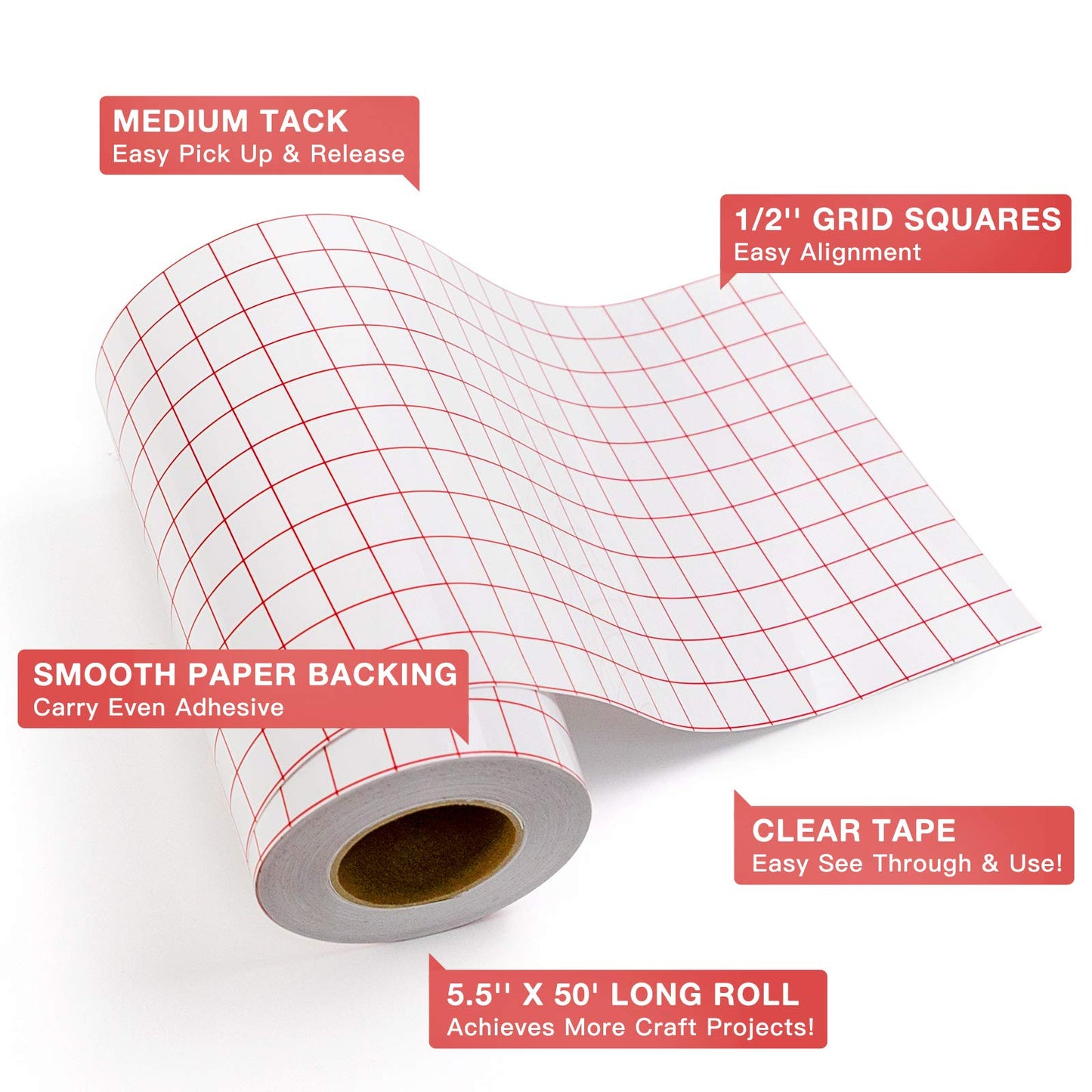 HTVRONT Transfer Tape for Vinyl- 5.5" x 50 FT w/Red Alignment Grid for Adhesive Vinyl, Silhouette Cameo Transfer Paper for Vinyl for Decals,Signs, Windows, Stickers