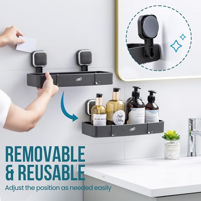 TAILI Shower Caddy Suction Cup, Heavy Duty Shower Organizer for Bathroom, Removable Shelves for Inside Shower, Wall Mounted Aluminum Storage for Bathroom Holder, Dark Gray
