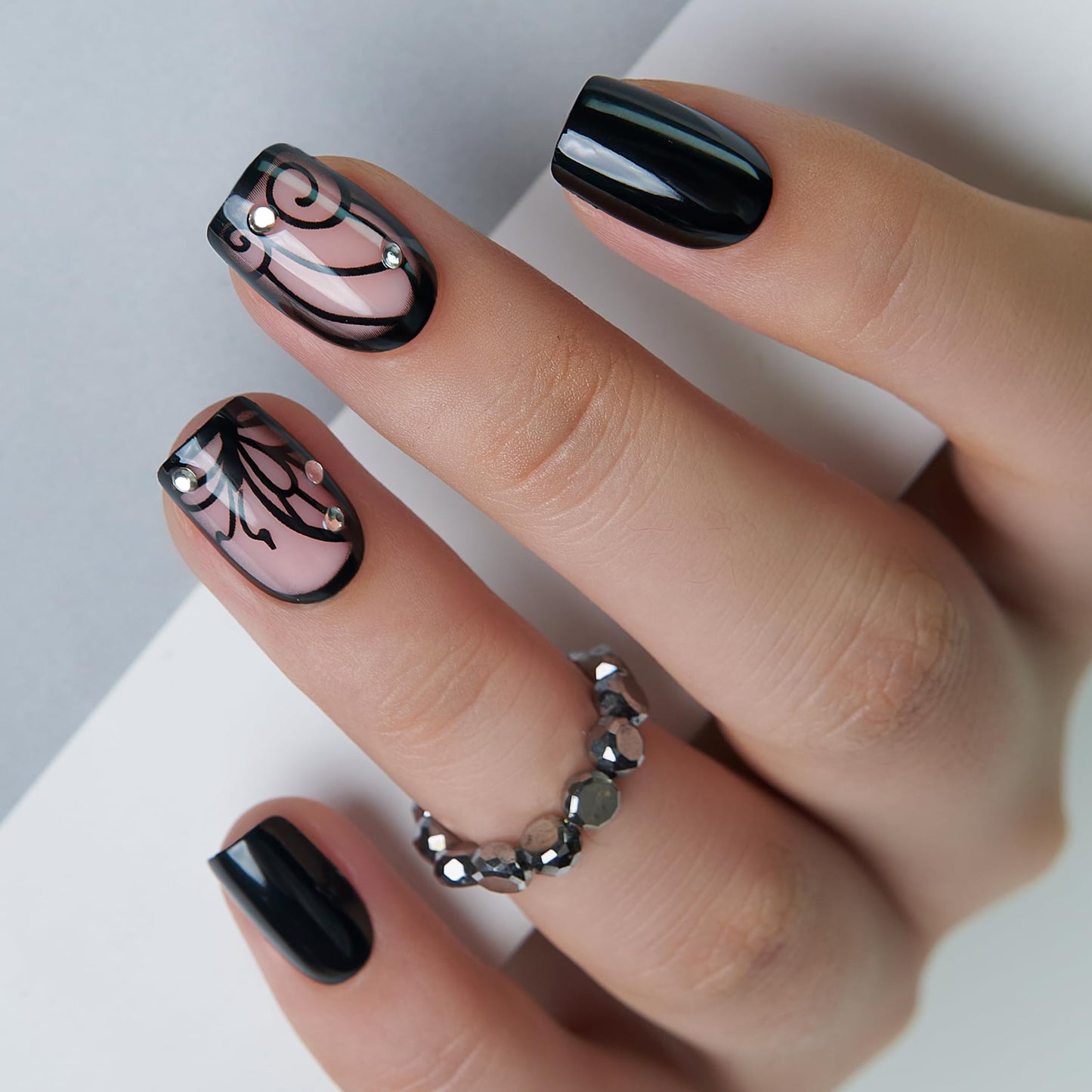 CurvLife Black Press On Nails Short Square, Rhinestone Swirl Design Soft Gel Acrylic Stick On Nails Tips, Salon Quality Glue On False Nails Kit for Women