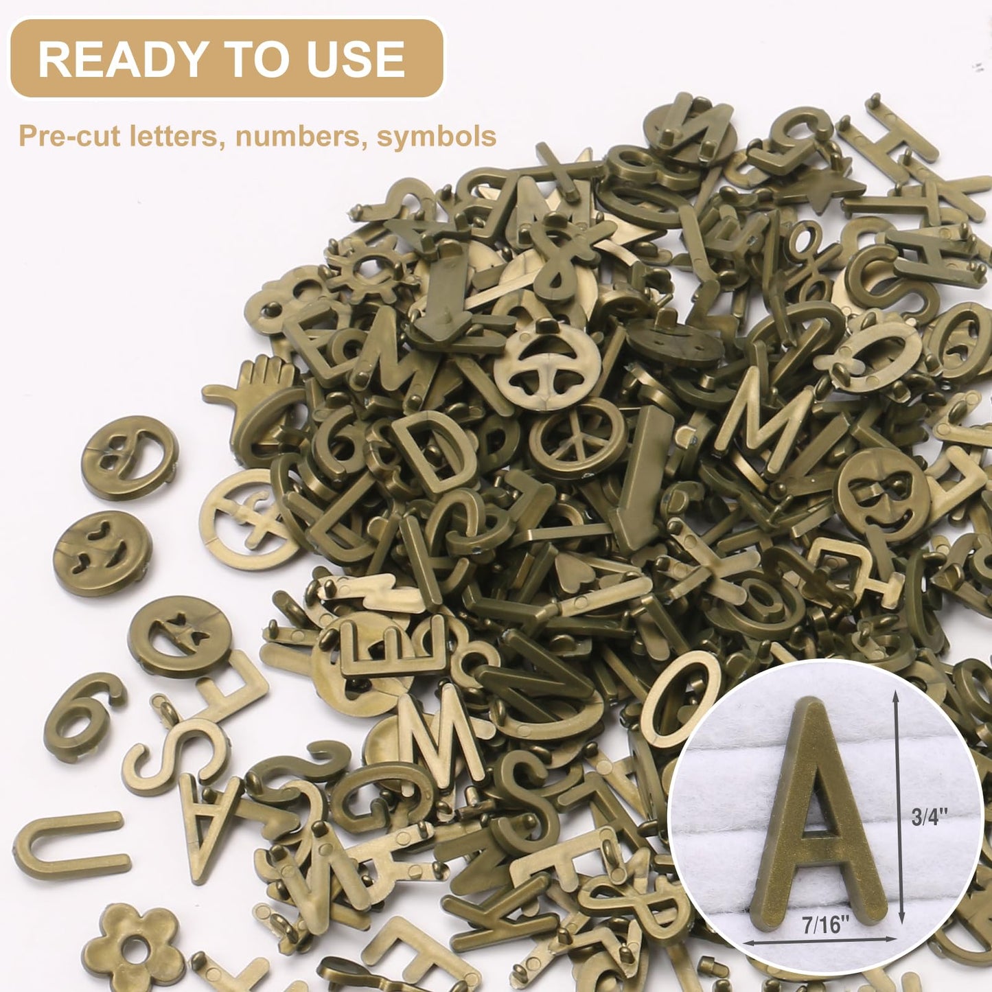 Antique Gold Letters for Letter Board Letters Only, 3/4 inch Message Board Letters for Felt Letter Board Signs (375 pcs) 0.75” Pre Cut Plastic Letterboard Letters Numbers Changeable Menu Board Symbols
