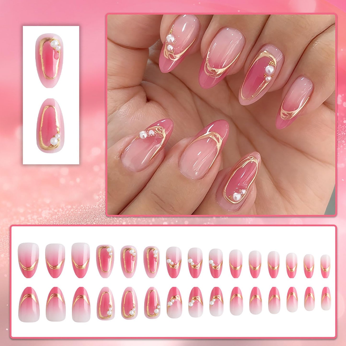 RUOKEXIN Almond Press on Nails French Tip Fake Nails Pink Ombre False Nails with Pearl Designs Medium Nail Press ons Sparkly Artificial Nails for Women 30Pcs