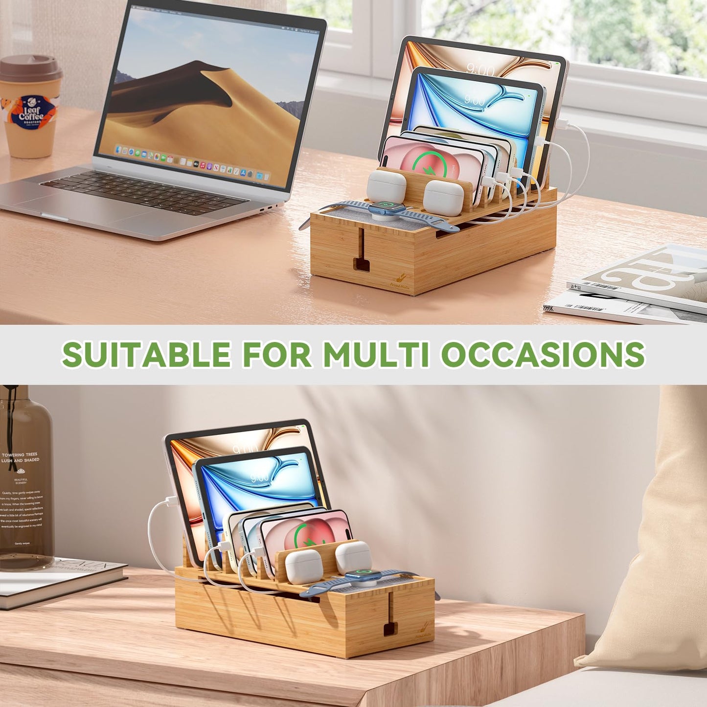 Pezin & Hulin Cell Phone Charging Station for Multi Devices, All in One Desktop Charger Organizer, with Power USB Charge Adapter and 6 Cables, Use As Power Strip Hidden Box -Natural Bamboo Color