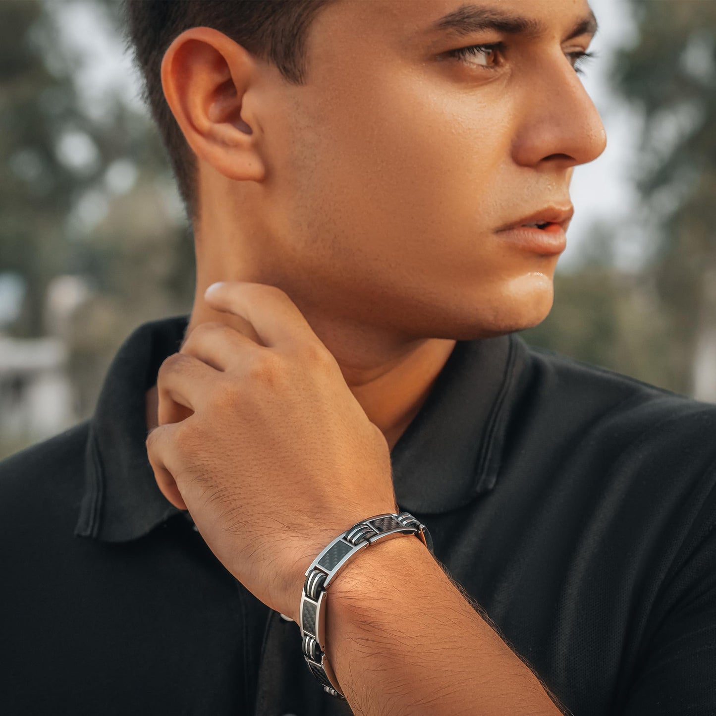 MagnetRX® Magnetic Bracelets for Men – Effective Mens Magnetic Bracelet with Carbon Fiber Inlay – Adjustable Length with Included Sizing Tool (Silver)