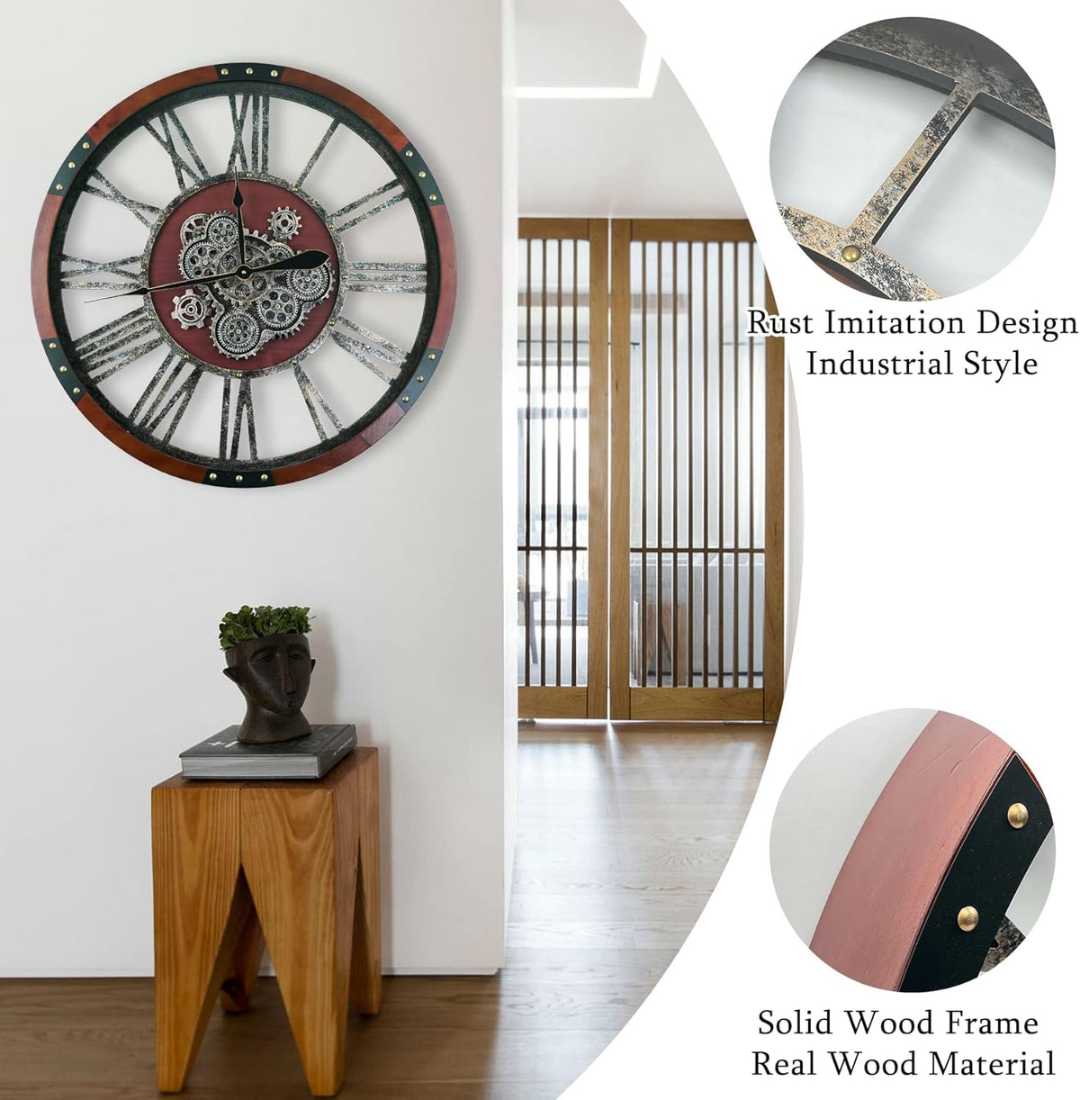 30Inchs Moving Gears Wall Clock, Oversized Wall Clocks, Clock Living Room Decor, Solid Wood Frame, Battery Operated, Large Wall Clock with Steampunk Industrial for Fireplace(Black Walnut)