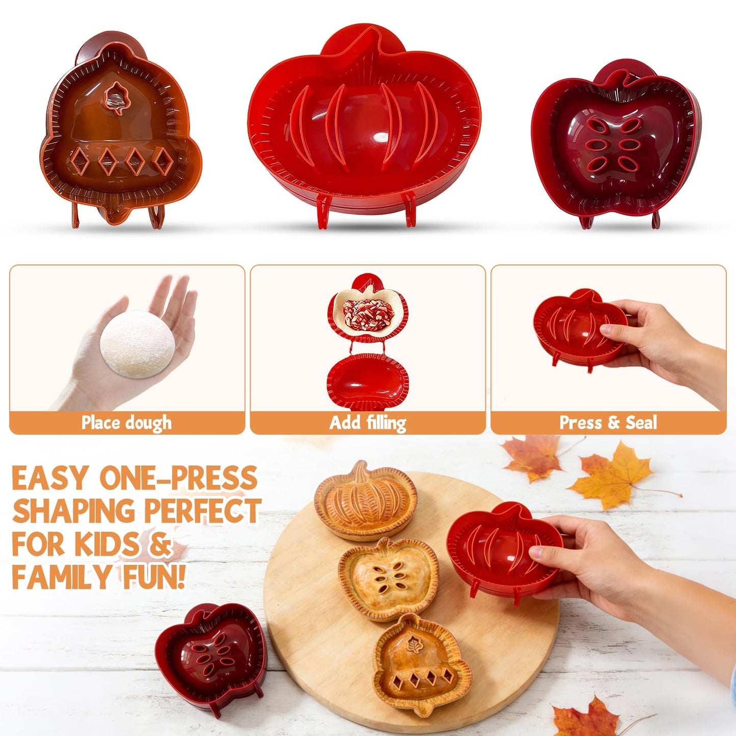 Fogun Hand Pie Molds for Home Baking,Set of 3 Mini Pocket Pie Dough Press, Apple Pumpkin Acorn Shapes,BPA-Free Plastic Baking Tool for Festivals and Parties,One Press Pastry Hand Pie Maker