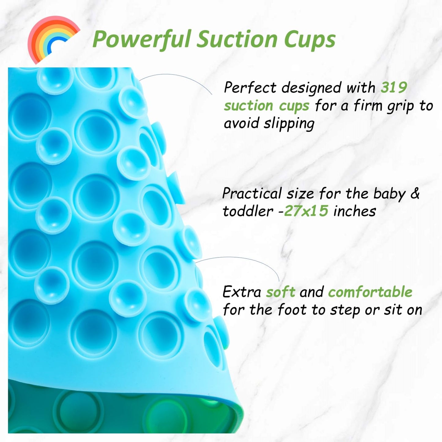 Joiyota Silicone Push Pop Bath Mat for Kids, CPC Certified Non-Slip Rainbow Bathtub Mat with Suction Cups, Sensory Bath Toy for Toddlers (27x15-rainbow)
