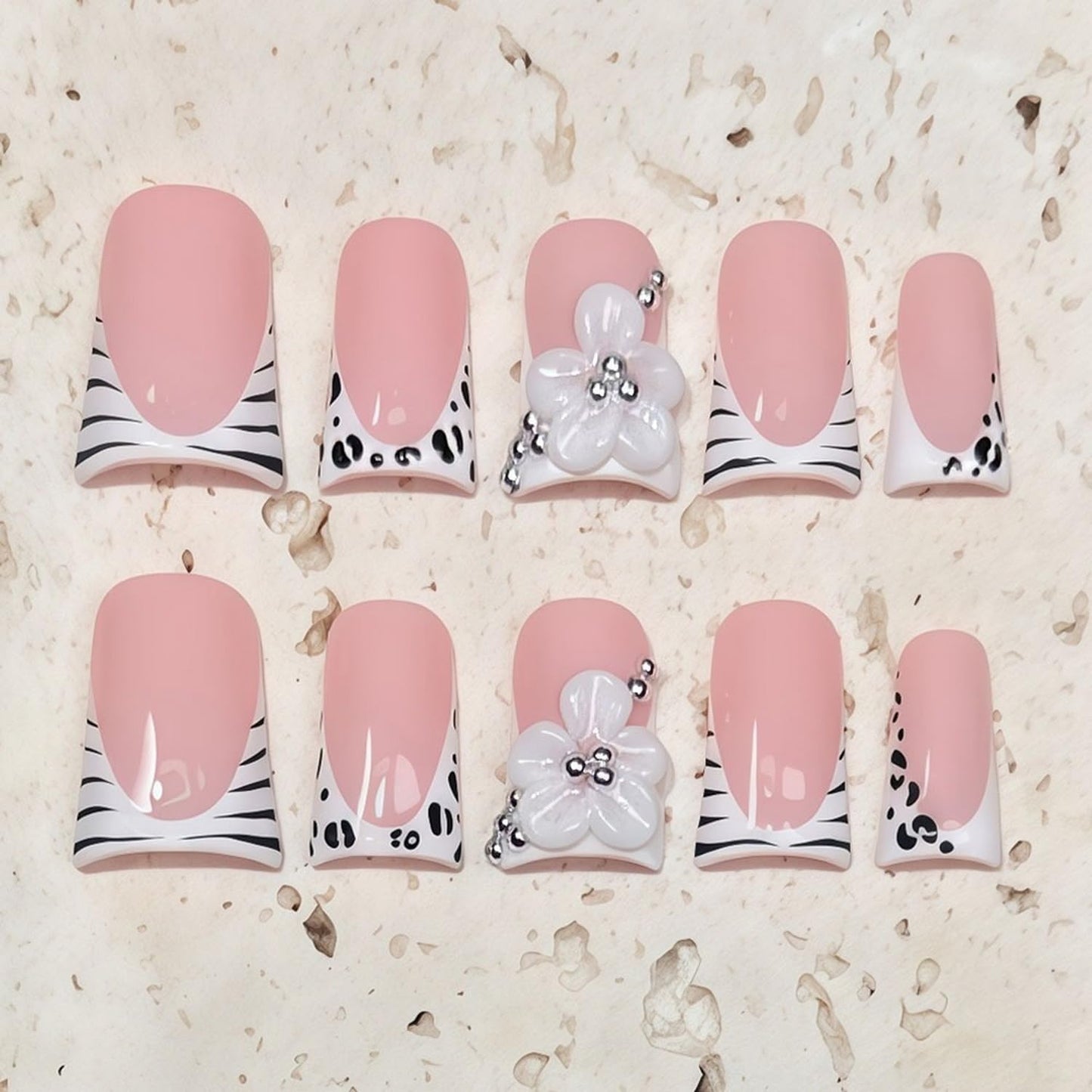 Handmade Press on Nails Short Duck Stick on Nails Zebra Stripes French Tip Fake Nails 3D HandmadeFlowers with Designs Thick Full Cover Acrylic Nails False Nail for Women（M)