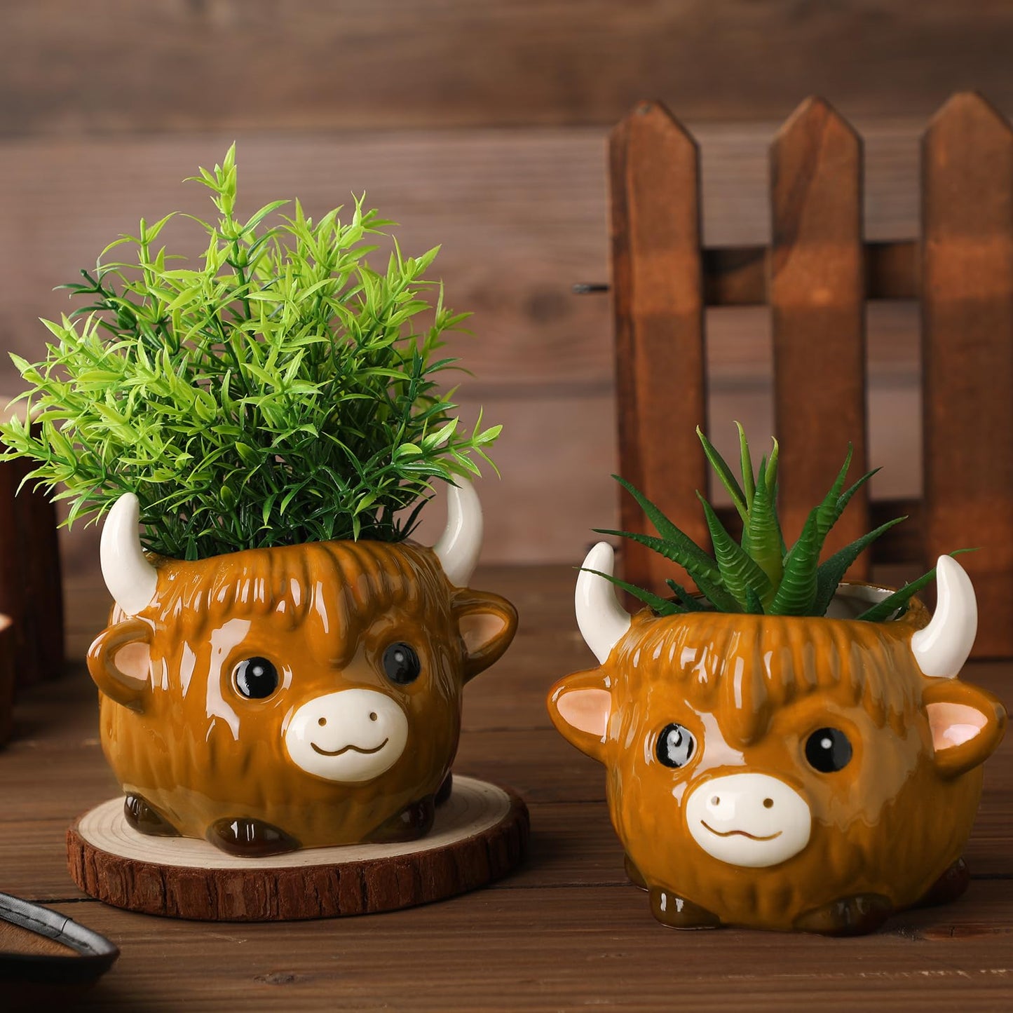 Meanplan 2 Pcs Highland Cow Succulent Planter with Drainage Cute Plant Pots Decor Ceramic Cactus Pot Animal Flower Container Holder Gifts for Cow Lovers Home Office Display Desk Decoration