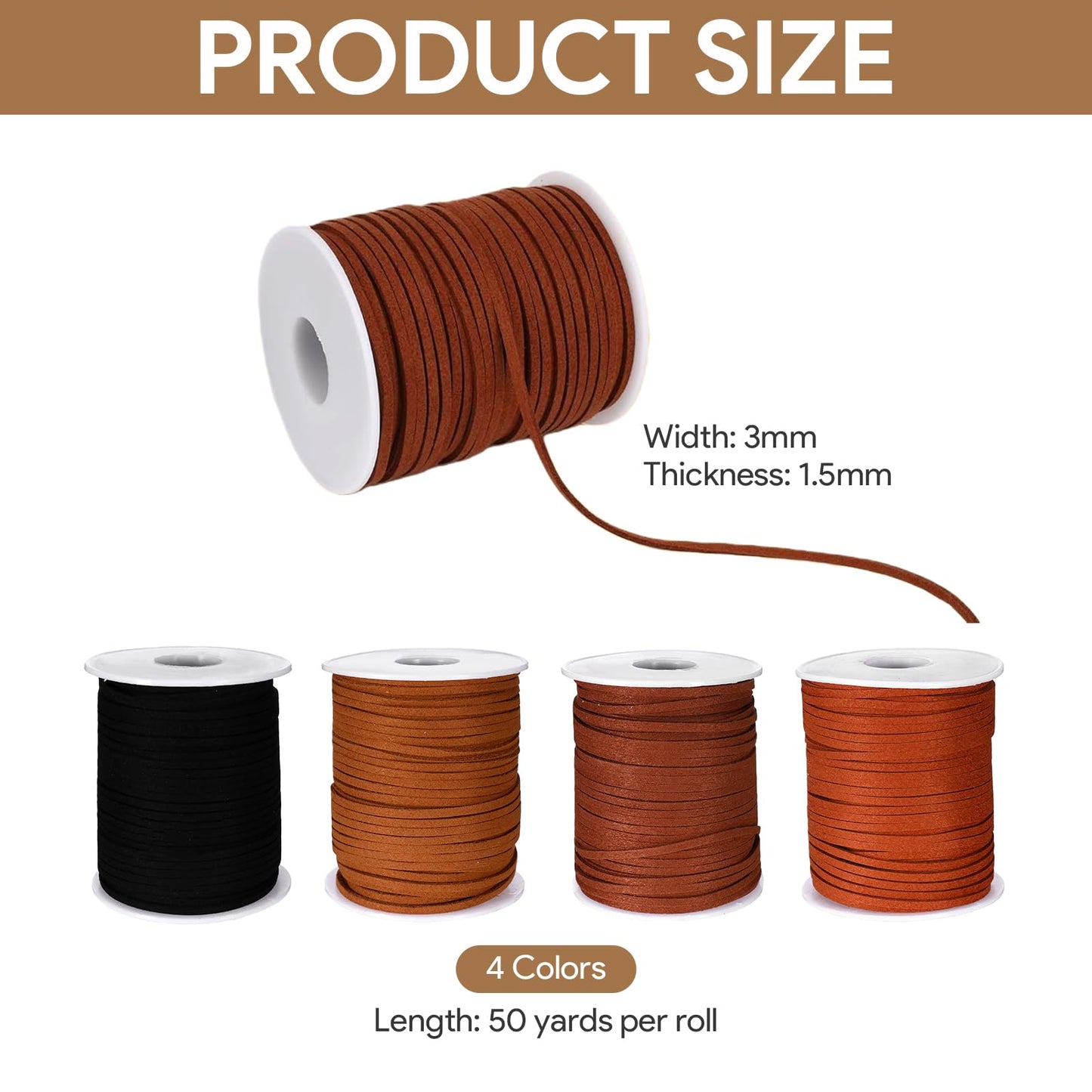 4 Rolls Flat Suede Cord for Jewelry Making, Thin Leather Shoe Laces Strips Ribbon, Faux Leather Strings for Crafting Necklaces Bracelets Tassels Dream Catchers (3mm, 200 Yards)
