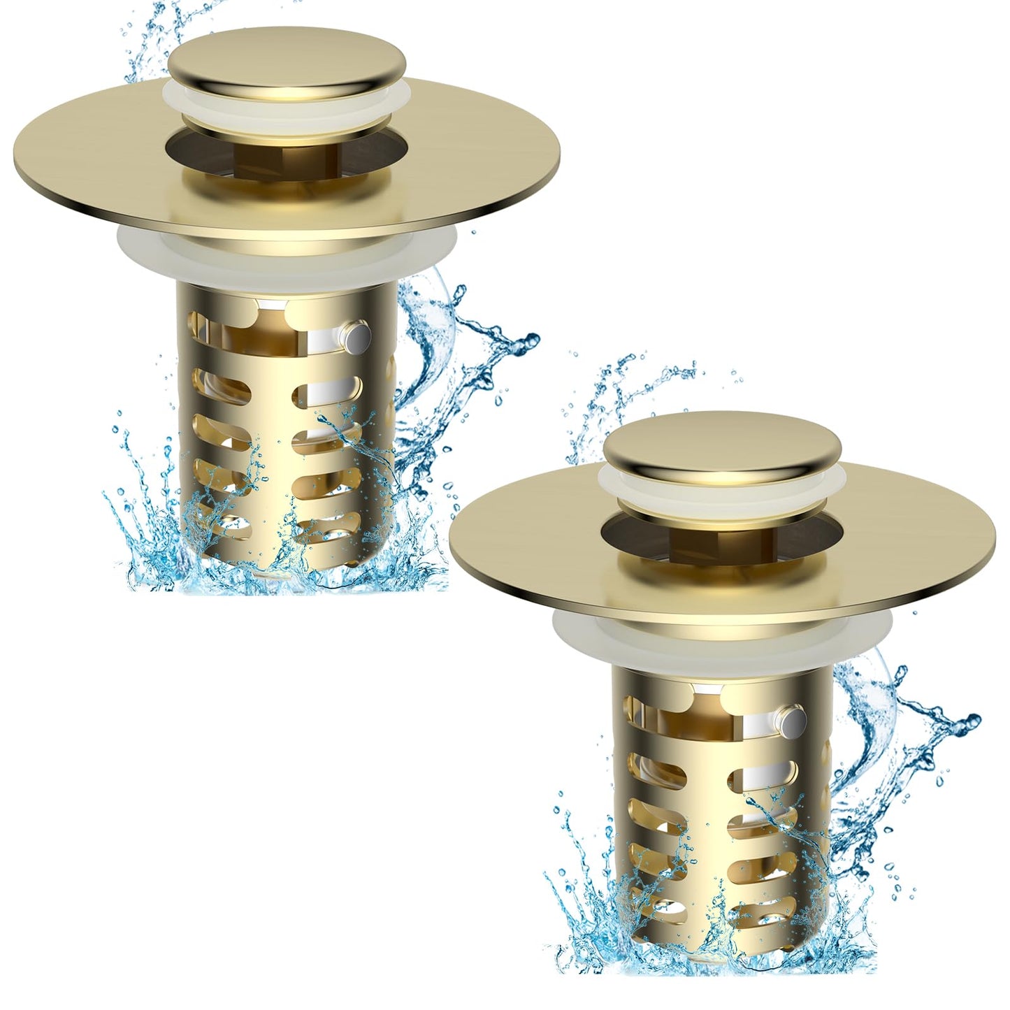 Upgraded Bathroom Sink Drain Strainer Hair Catcher 2PCS Universal 3 in 1 Pop-up Sink Stopper, Fit for 1.1''~2.36'' Basin Hole, with Detachable Stainless Steel Filter Basket, Brushed Gold