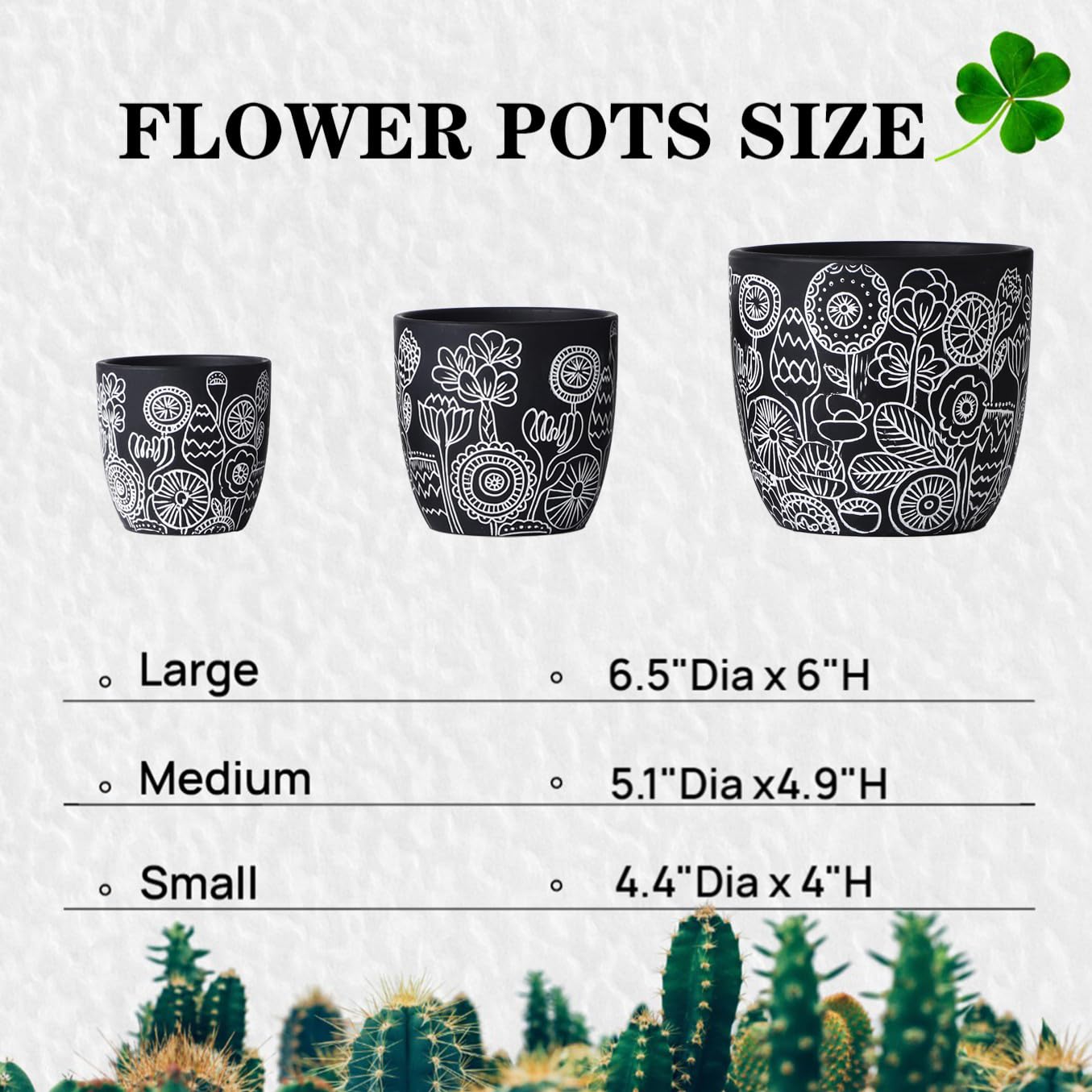 FUYHE Terracotta Pots, 6.5+5+4.4 Inch Plant Pots with Drainage Hole- Floral Pattern, Black Boho Ceramic Planters for Indoor Plants, Flower Pots Indoor Succulents, Herbs Plants,Set of 3