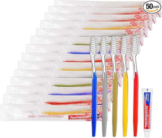 Disposable Toothbrushes with Toothpaste Individually Wrapped 5 Colors Bulk Toothbrush and Toothpaste 10g for Homeless,Shelter,Air Bnb/Hotel/Guest Apartment (50)