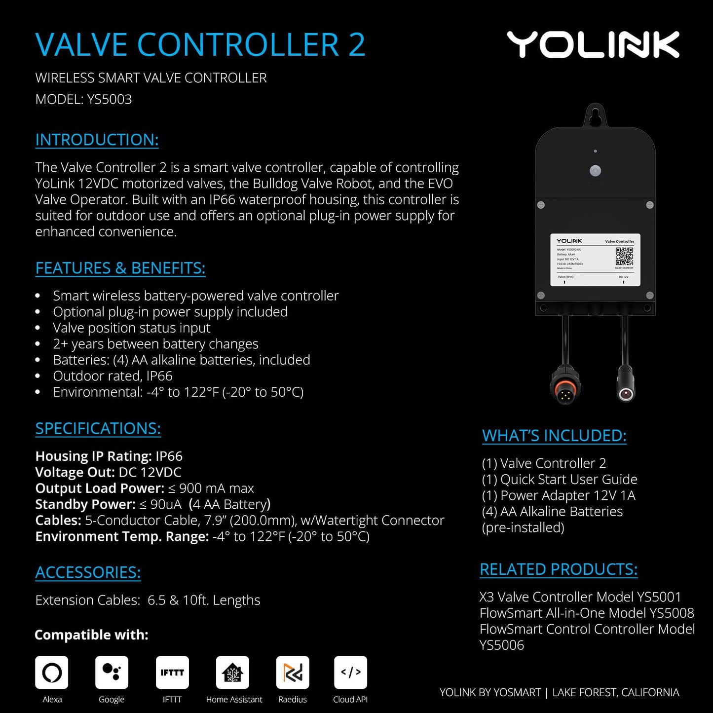 YoLink Wireless Smart Valve Control Kit, NSF Certified 1/2" Stainless Steel Motorized Valve, Wireless Controller 2, LoRa Long Range, D2D Offline with Leak Sensors, 2 Years Battery backup