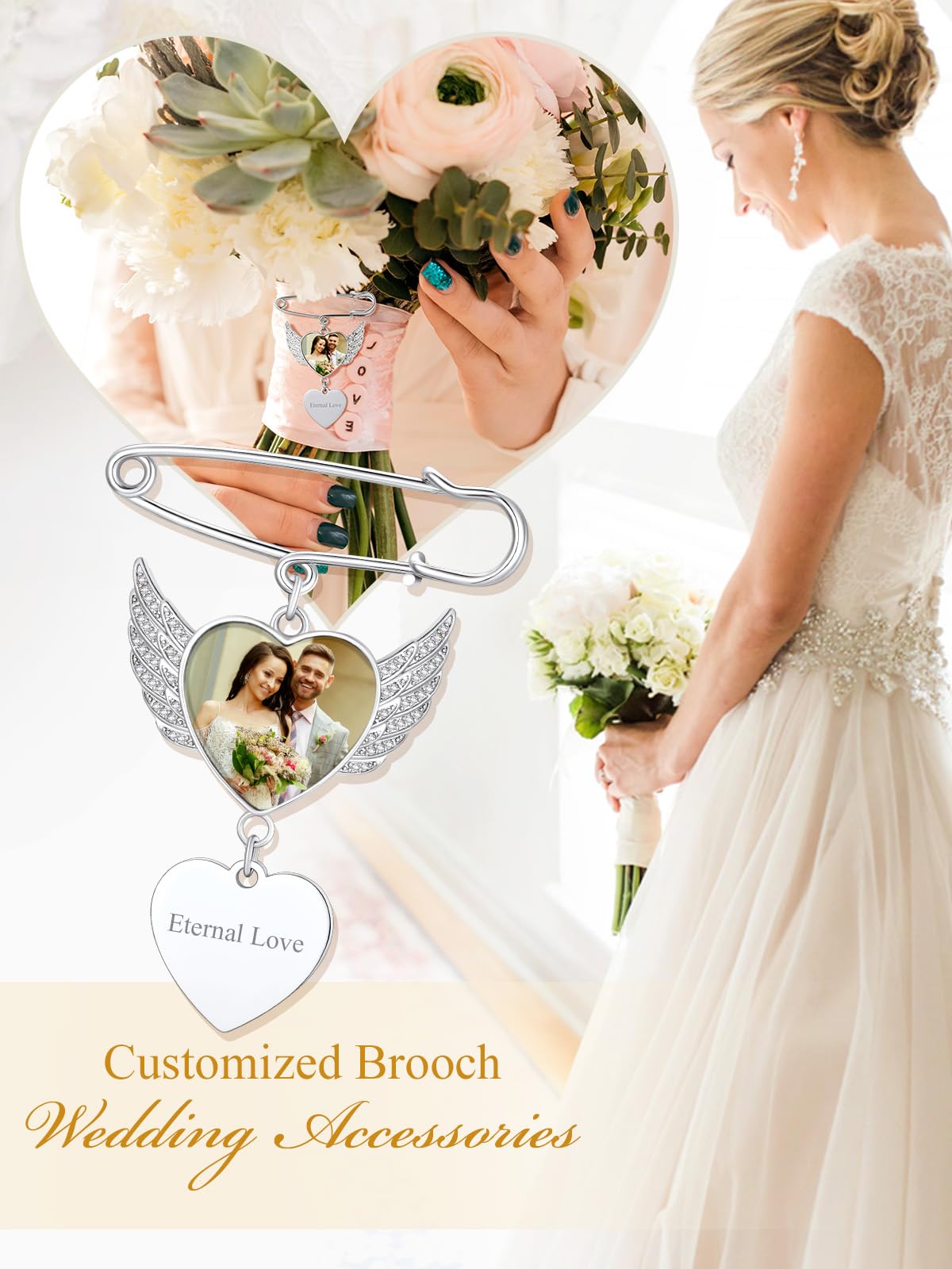 Custom4U Personalized Photos Silver Brooch for Groom Bride Wedding Bouquet Pins with Czs