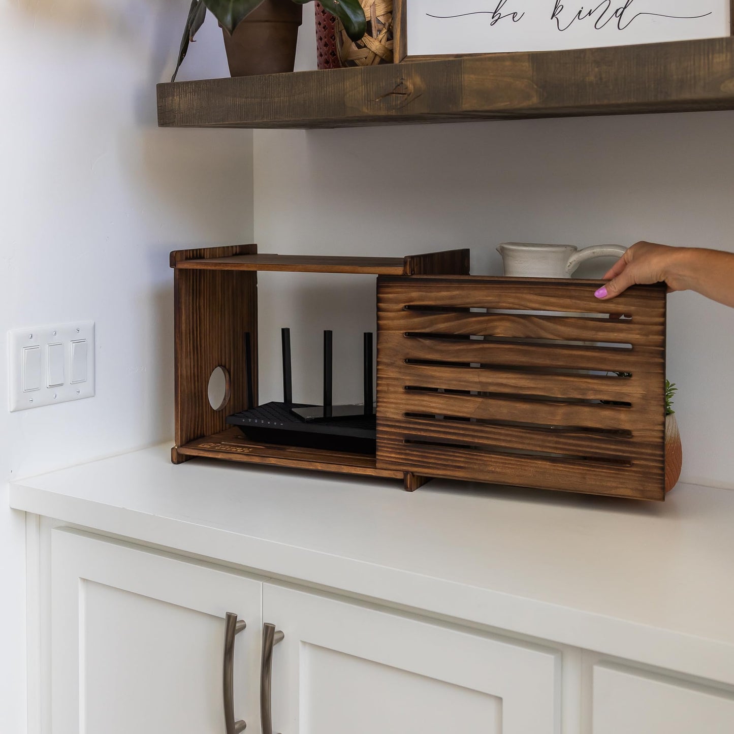 Wooden WiFi Router Storage Box - Deluxe Wall Mountable Decorative Modem Shelf Hider Cover with Cable Management System - Rustic Home Organization Solution for Most Routers Up to 11" Tall - Dark Oak