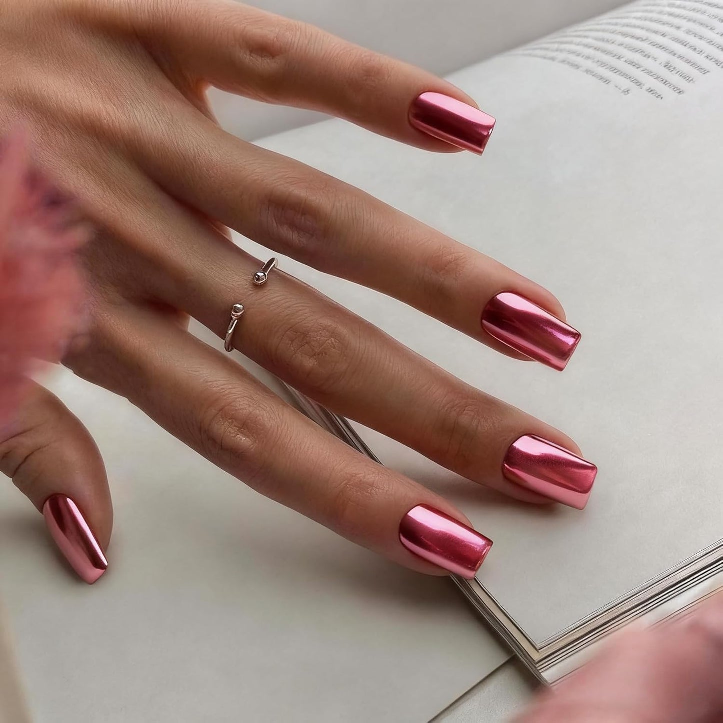 KQueenest Mirror Chrome Square Press On Nails - 24 PCS Glitter Metallic False Acrylic Nails, Medium Length, Glue On, Stick On