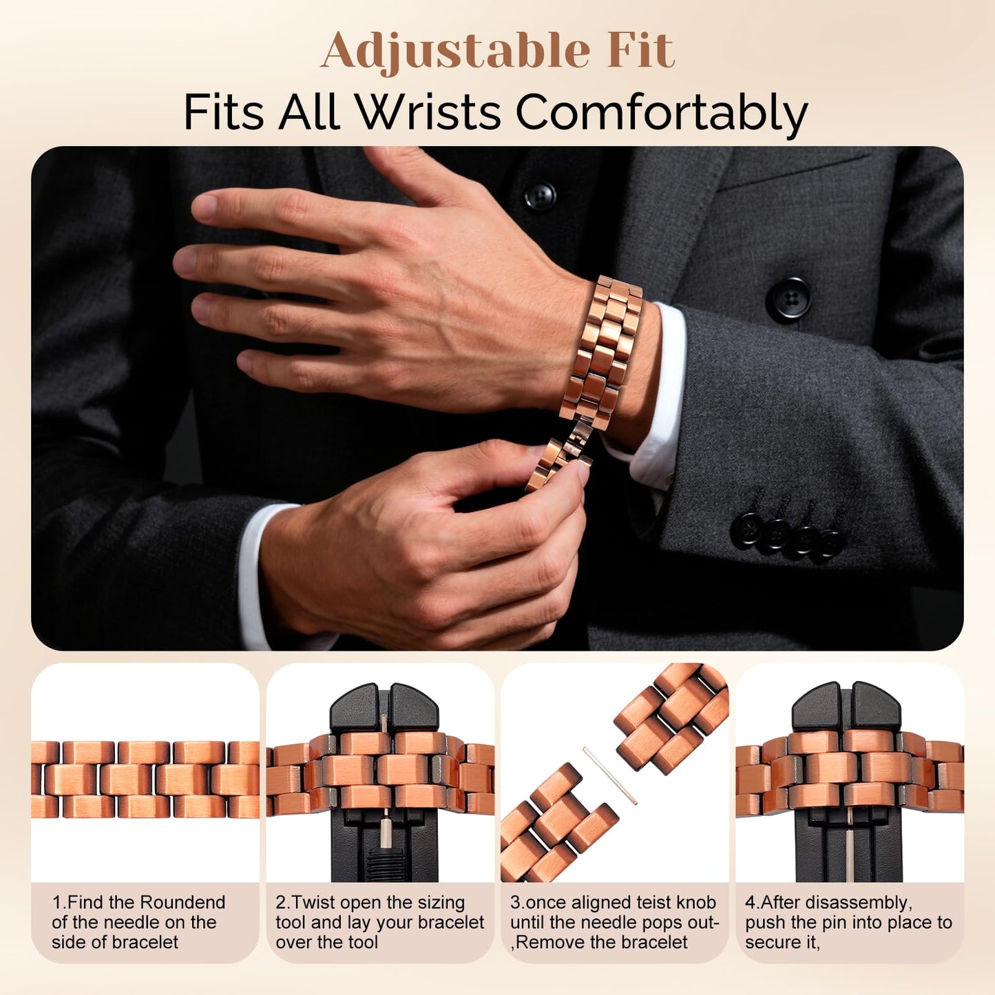 JEROOT Men's 99.99% Pure Copper Magnetic Bracelet, 3500 Gauss Magnets Adjustable with Sizing Tool